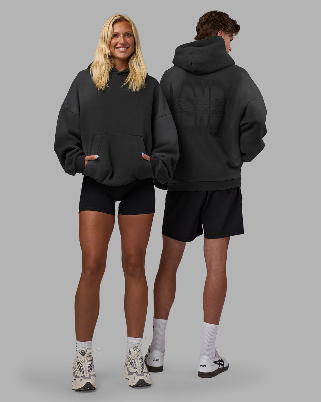 Duo wearing Memory In Motion 500gsm Ultra Heavyweight Washed Hoodie - Charcoal Washed | Model:Both | Size:Duo