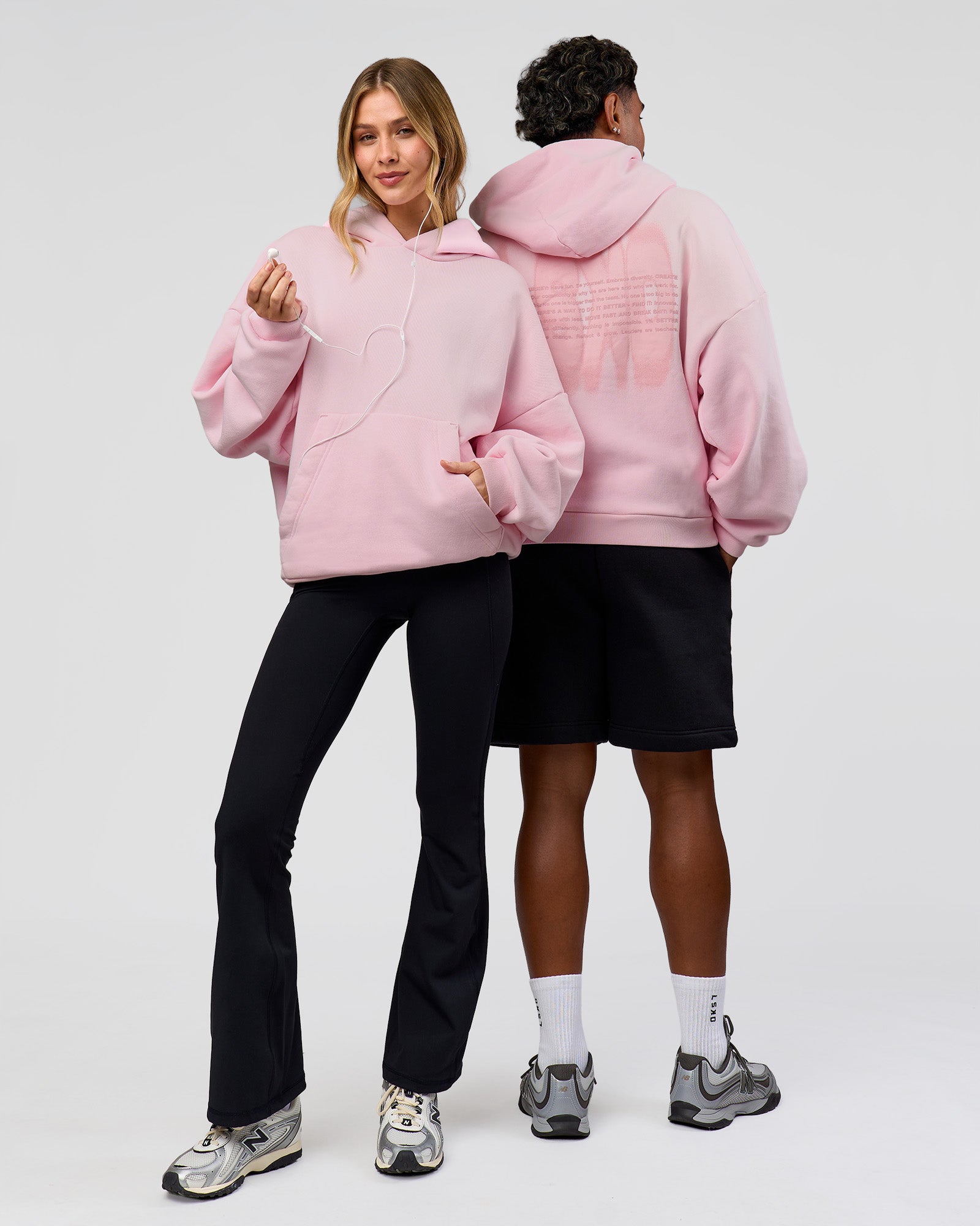 Duo wearing Memory In Motion Ultra Heavyweight Washed Hoodie - Marshmallow Washed | Model:Both | Size:Duo