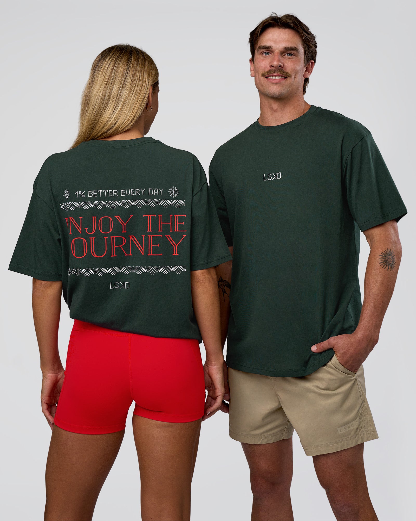 Duo wearing Merry Journey FLXCotton Oversized Tee - Vital Green-White | Model:Both | Size:Duo