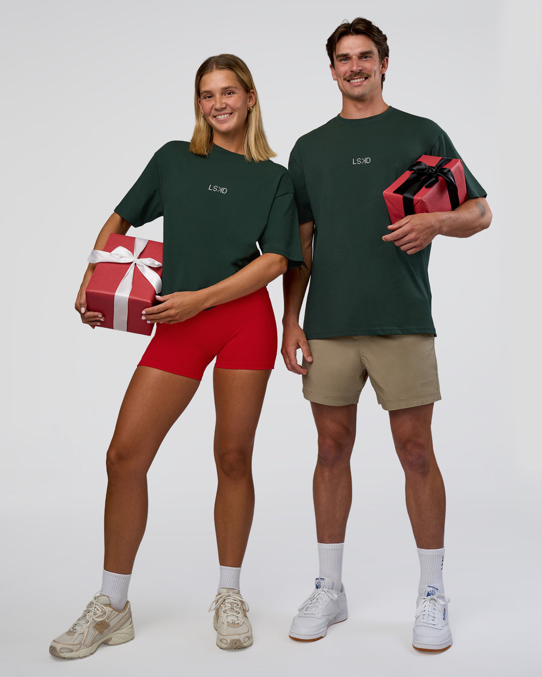 Duo wearing Merry Journey FLXCotton Oversized Tee - Vital Green-White | Model:Both | Size:Duo