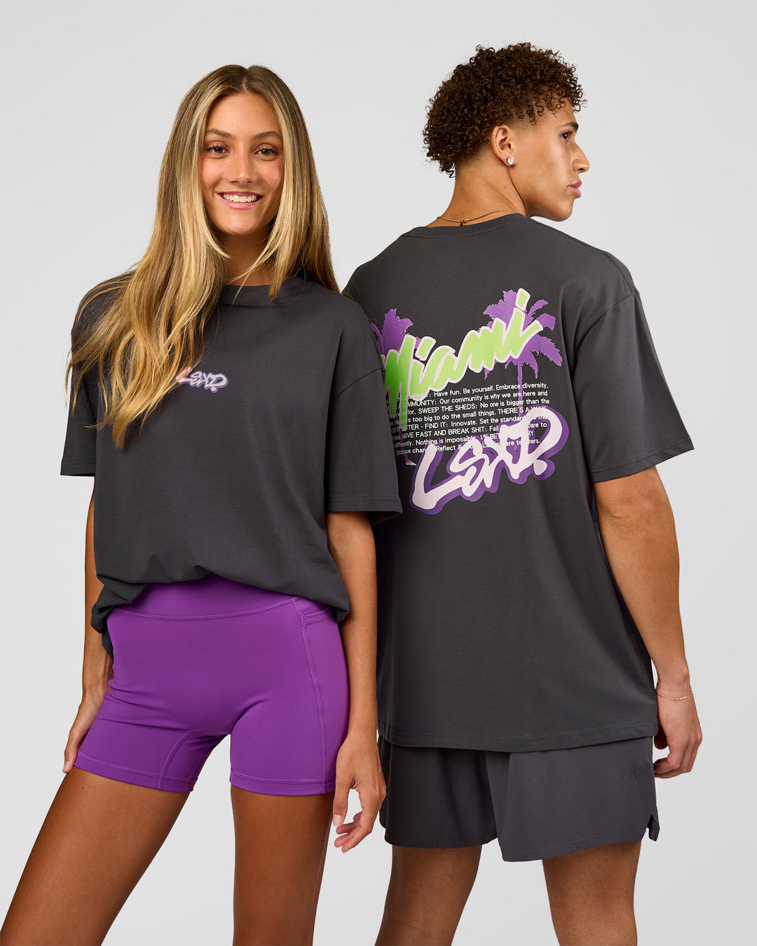 Duo wearing Miami Snatch FLXCotton Oversized Tee - Dark Storm-Marshmallow | Model:Both | Size:Duo