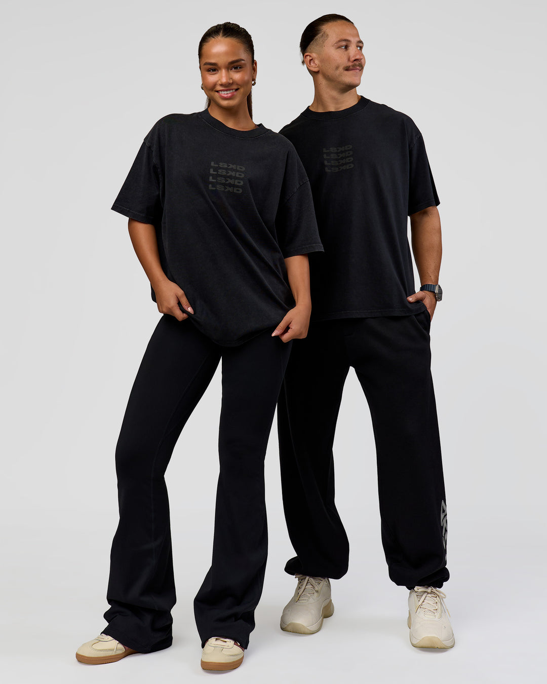 Duo wearing Move Fast Heavyweight Oversized Tee - Black Washed | Model:Both | Size:Duo