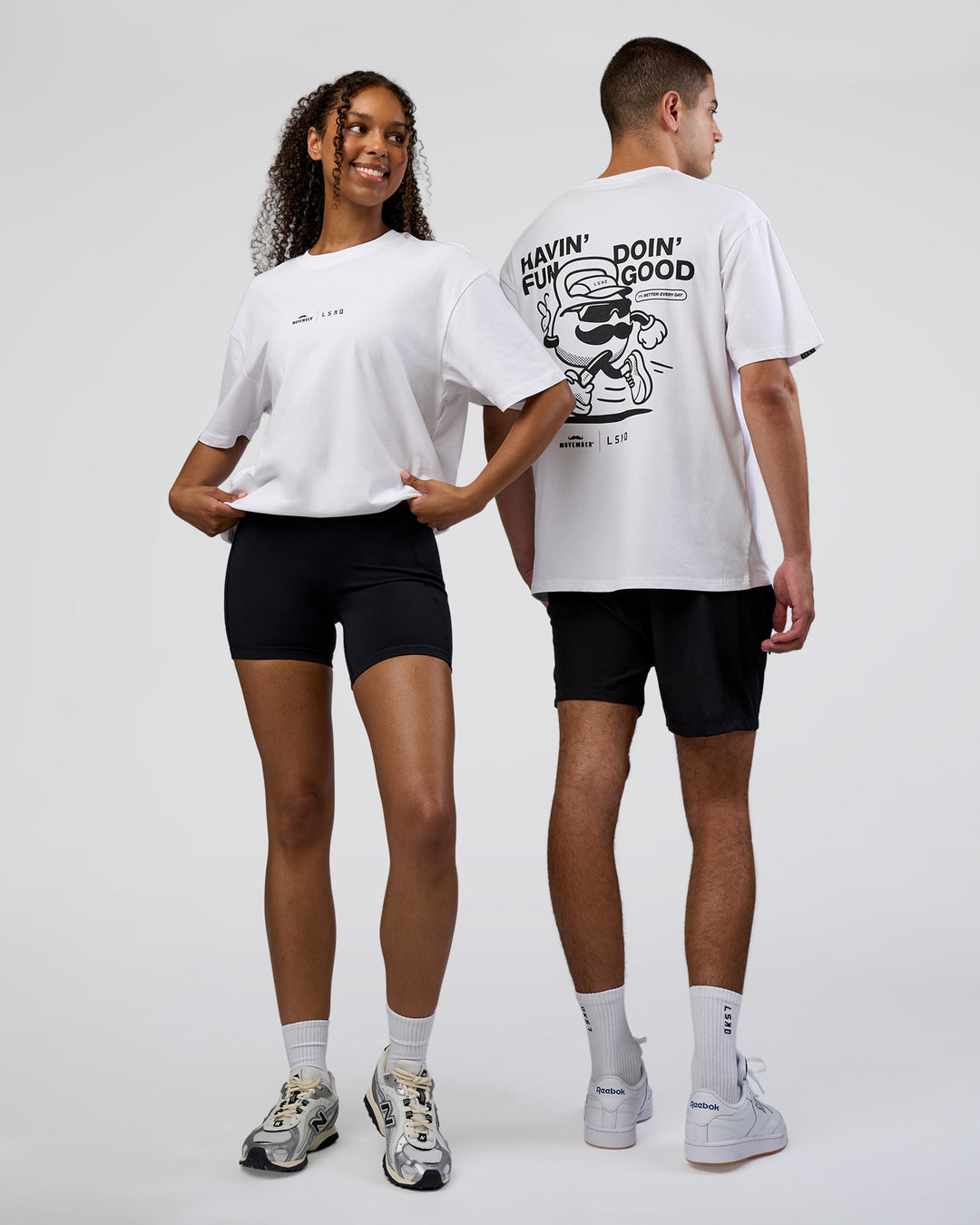 Duo wearing Movember 2025 FLXCotton Oversize Tee - White | Model:Both | Size:Duo