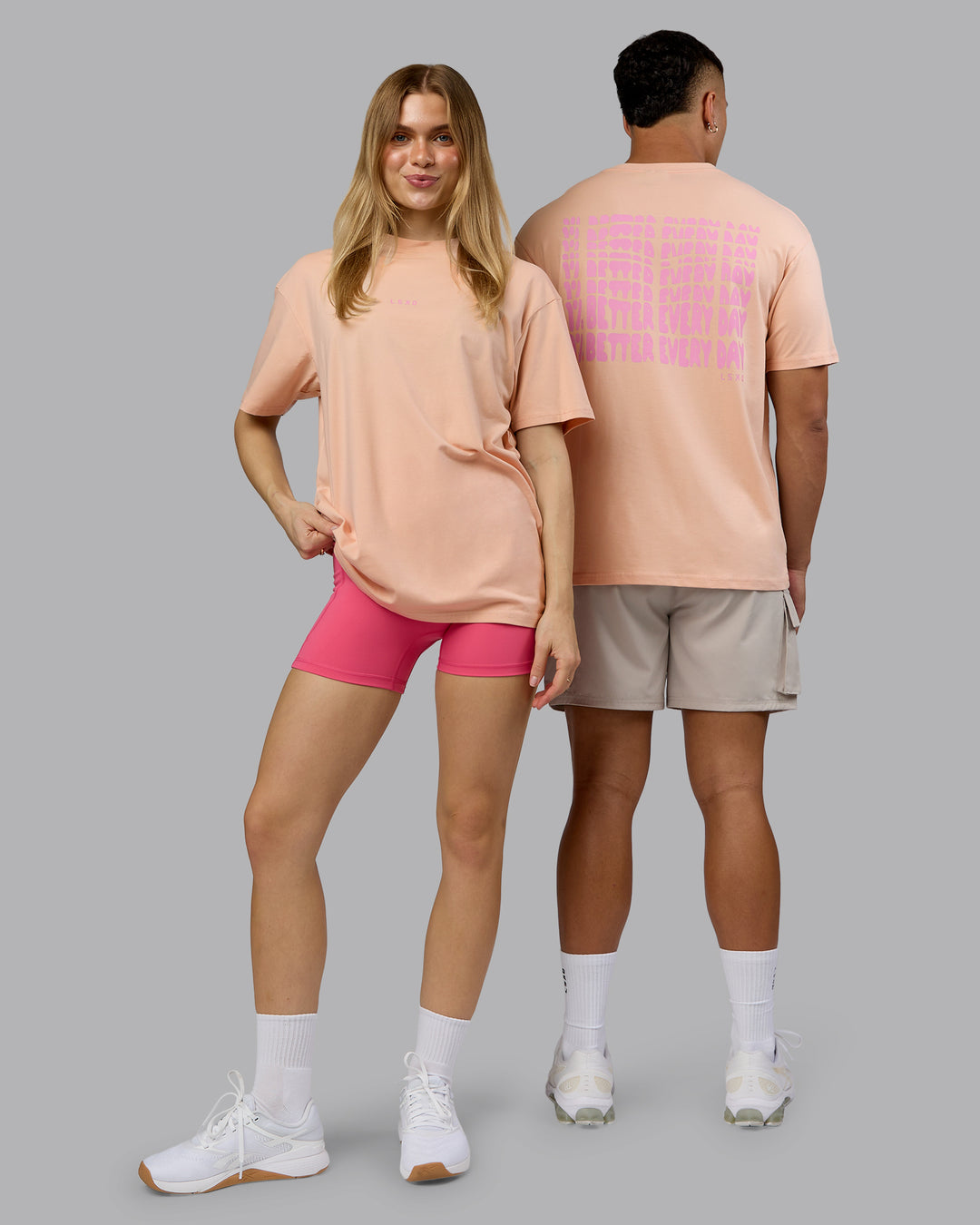 Duo wearing On Repeat FLXCotton Oversized Tee - Cameo Rose-Candy Pink | Model:Both | Size:Duo