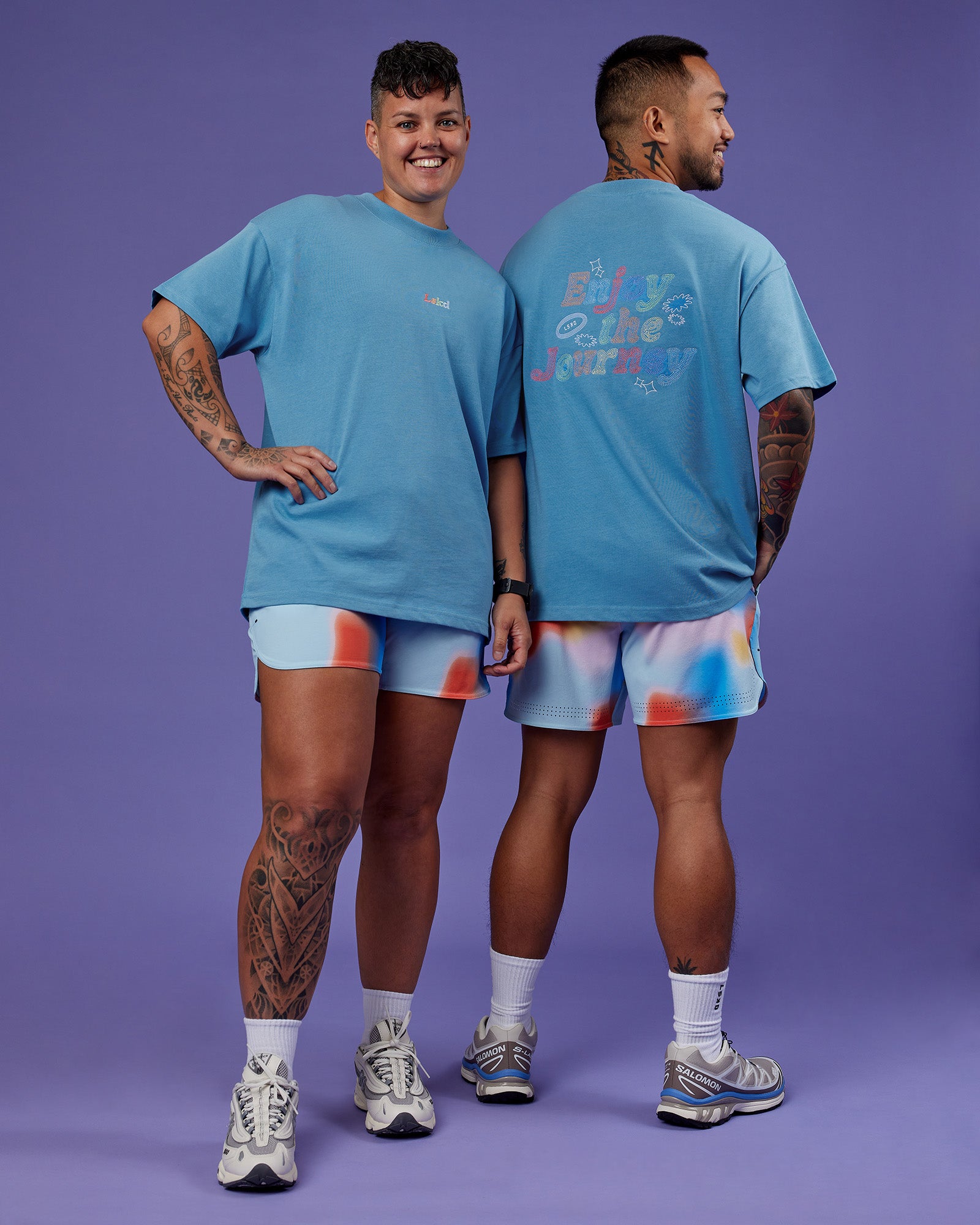 Duo wearing Our Journey Heavyweight Oversized Tee - Azure Blue-Rainbow | Model:Both | Size:Duo