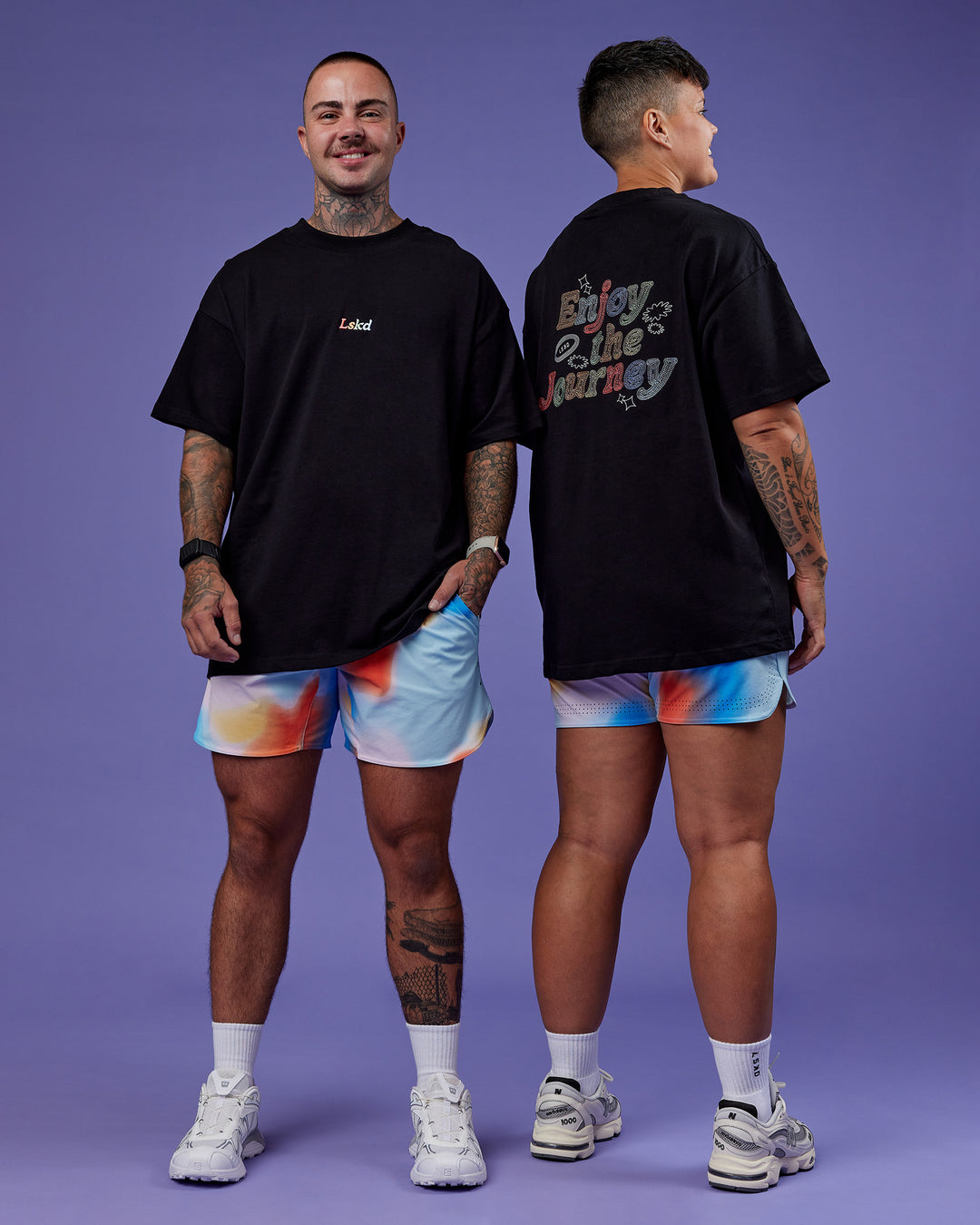 Duo wearing Our Journey Heavyweight Oversized Tee - Black-Rainbow | Model:Both | Size:Duo