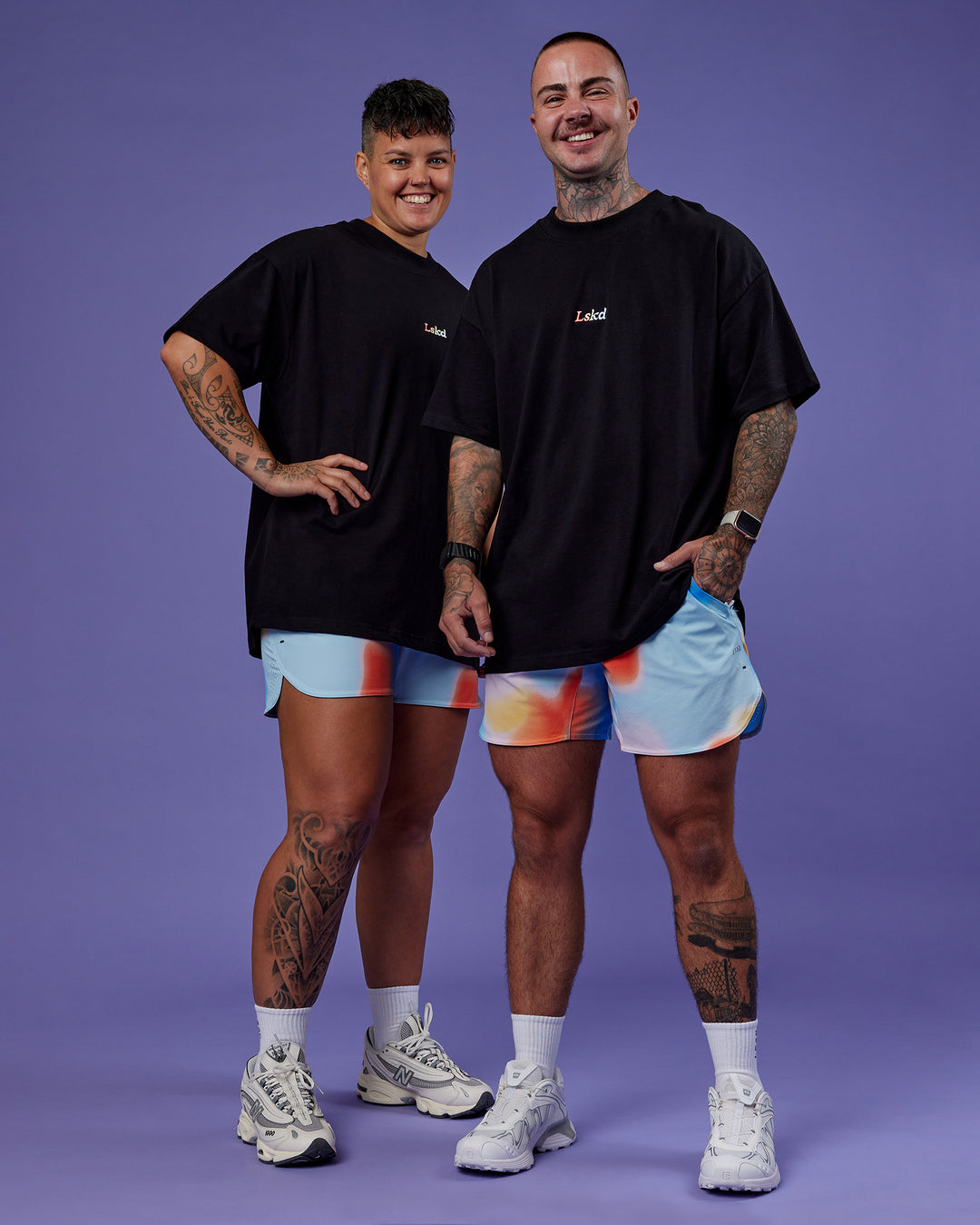 Duo wearing Our Journey Heavyweight Oversized Tee - Black-Rainbow | Model:Both | Size:Duo