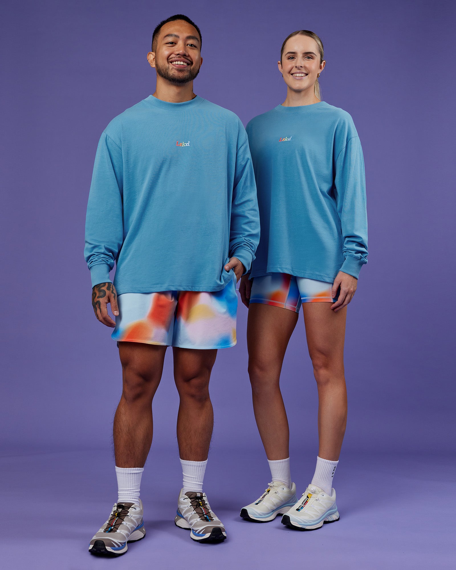 Duo wearing Our Journey Oversize Heavyweight FLXCotton Long Sleeve Tee - Azure Blue | Model:Both | Size:Duo