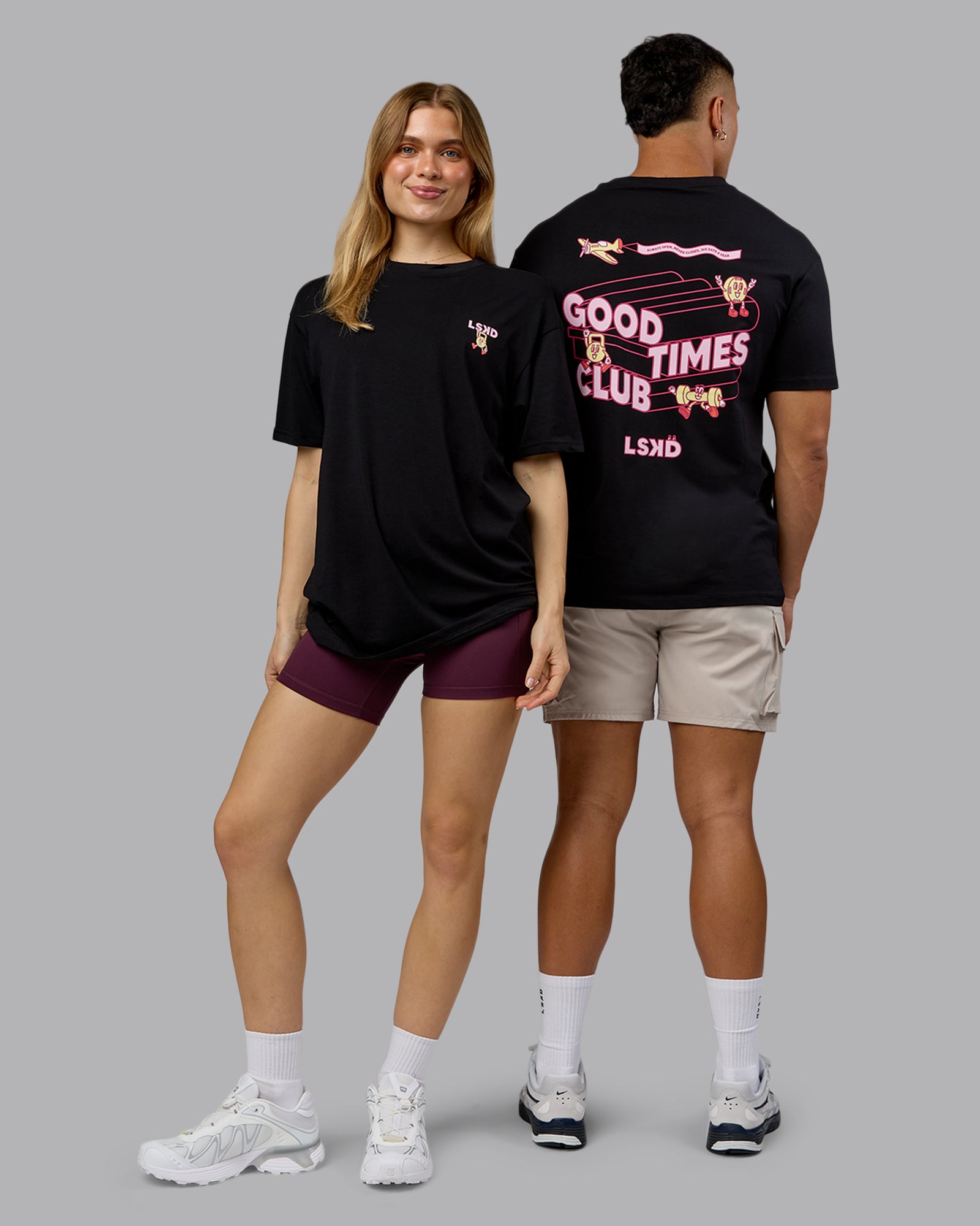 Duo wearing Perspective FLXCotton Oversized Tee - Black-Soft Pink | Model:Both | Size:Duo