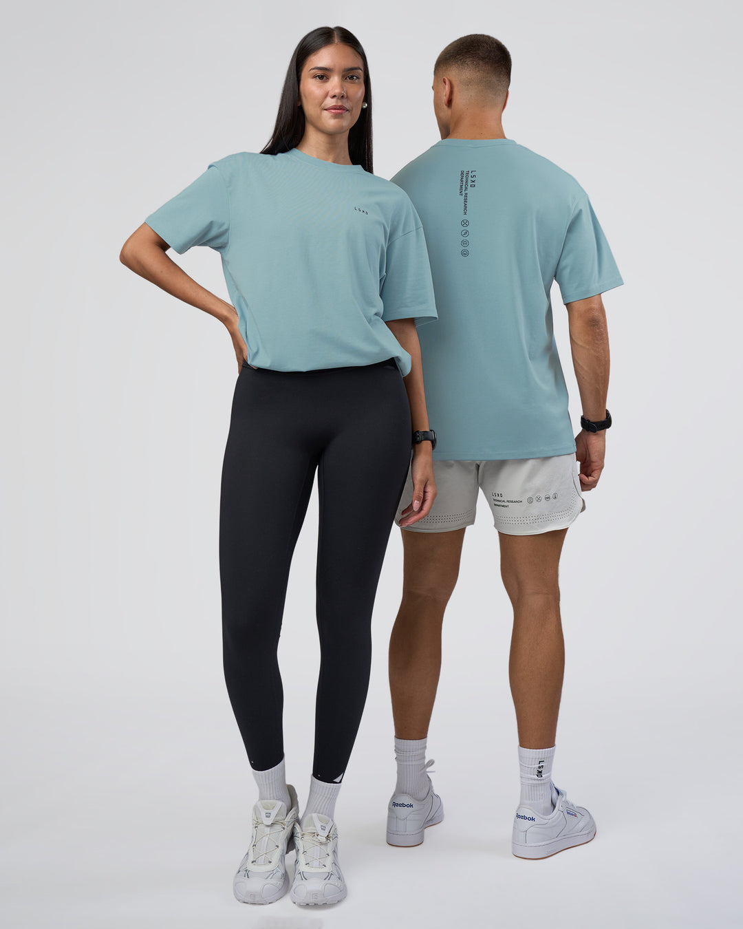 Duo wearing Research Department FLXCotton Oversized Tee - Smoke Blue | Model:Both | Size:Duo