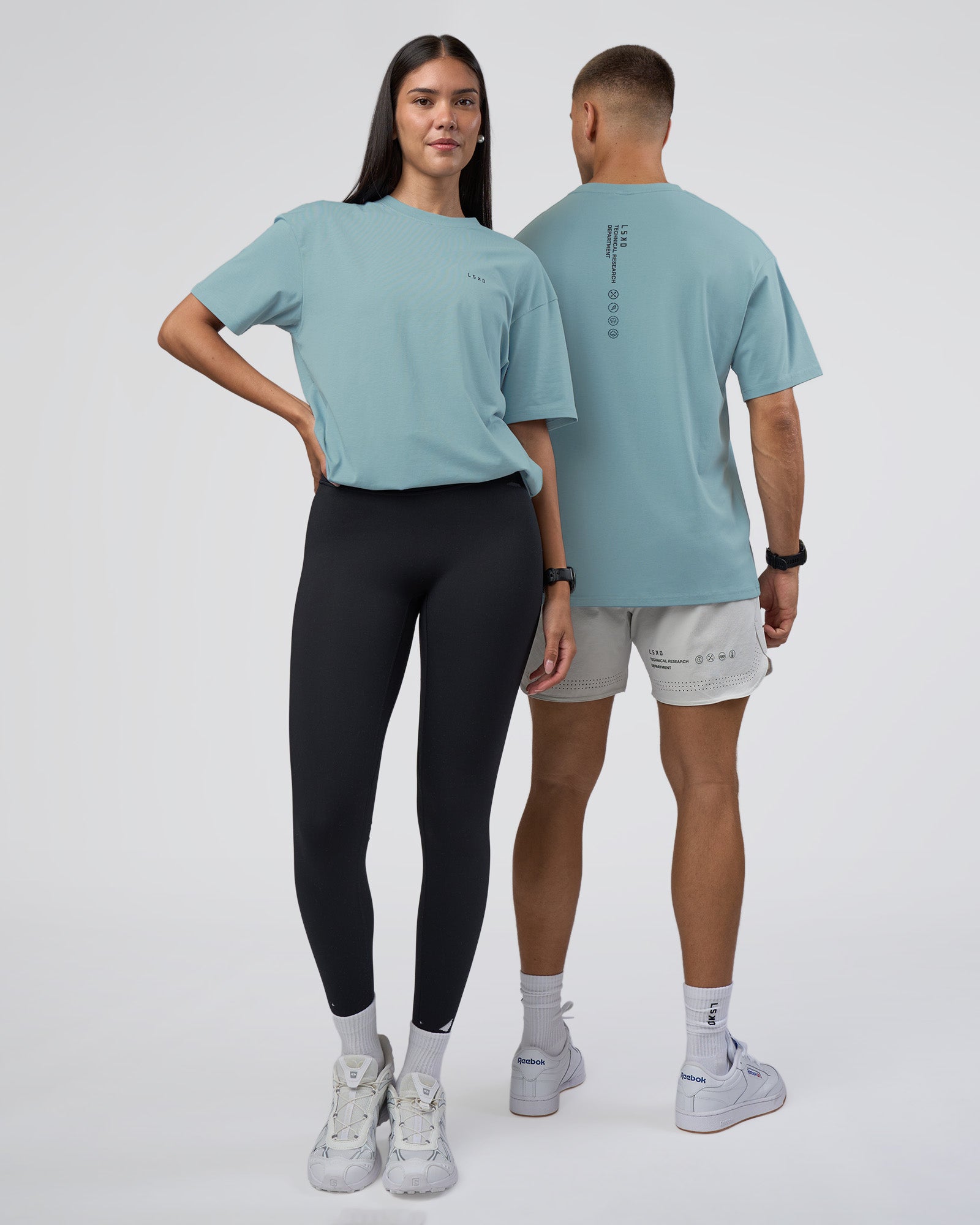 Duo wearing Research Department FLXCotton Oversized Tee - Smoke Blue | Model:Both | Size:Duo