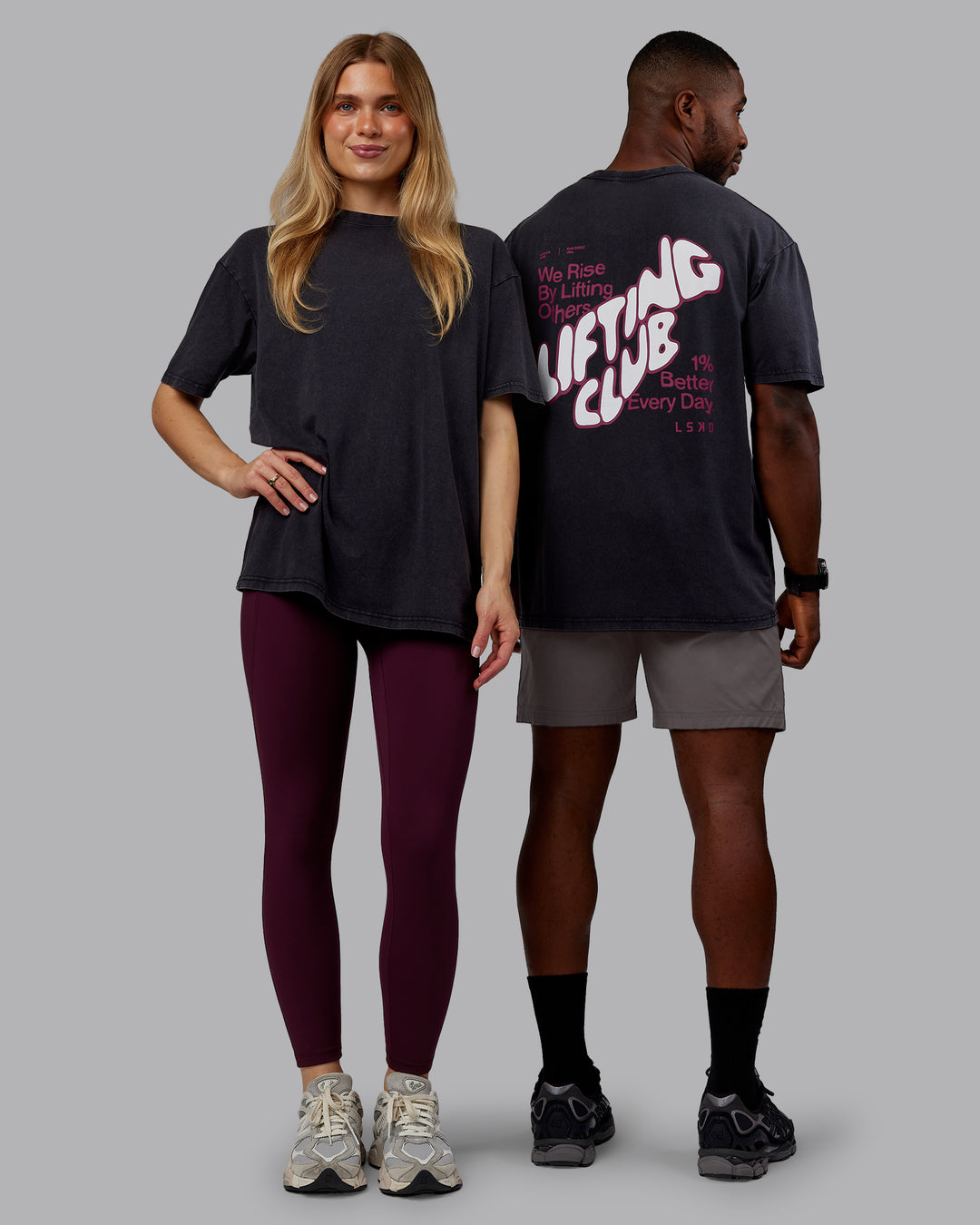 Duo wearing Rise &amp; Lift Washed FLXCotton Oversized Tee - Black-Plum Berry| Model:Both | Size:Duo
