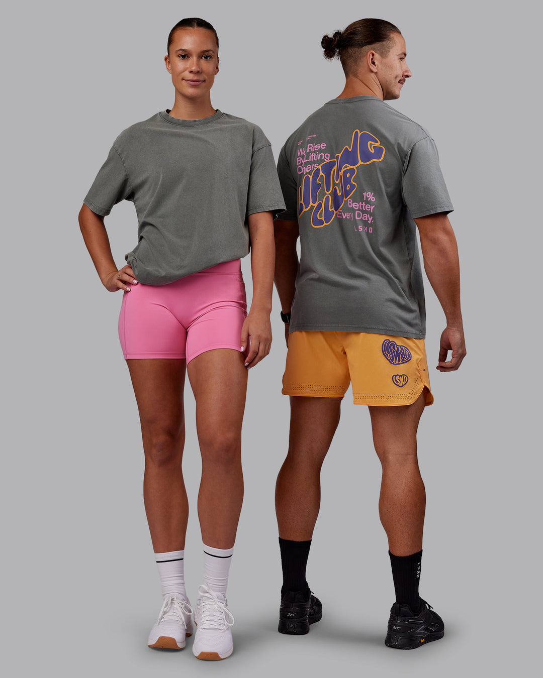 Duo wearing Rise &amp; Lift Washed FLXCotton Oversized Tee - Graphite-Purple Opulence | Model:Both | Size:Duo