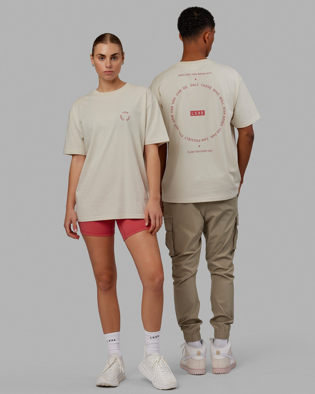Duo wearing Unisex Rotate Tee Oversize - Bone-Mineral Red