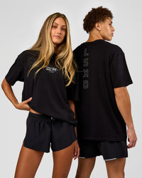 Duo wearing Run Club Script FLXCotton Oversized Tee - Black-Alloy | Model:Both | Size:Duo