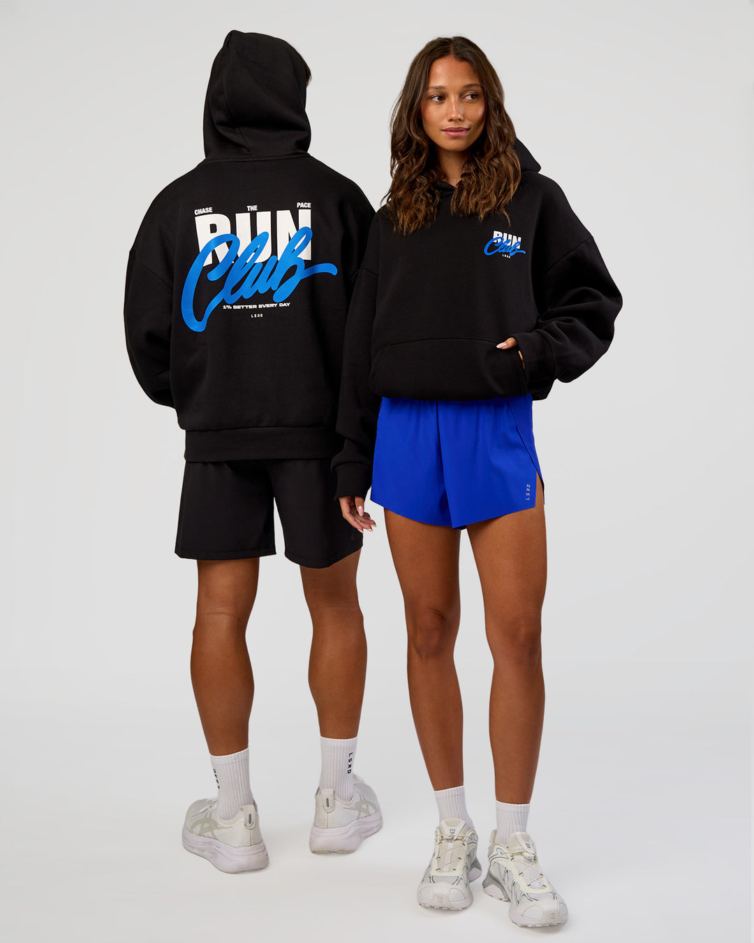 Duo wearing Run Club Script Oversized Hoodie - Black-Palace Blue | Model:Both | Size:Duo