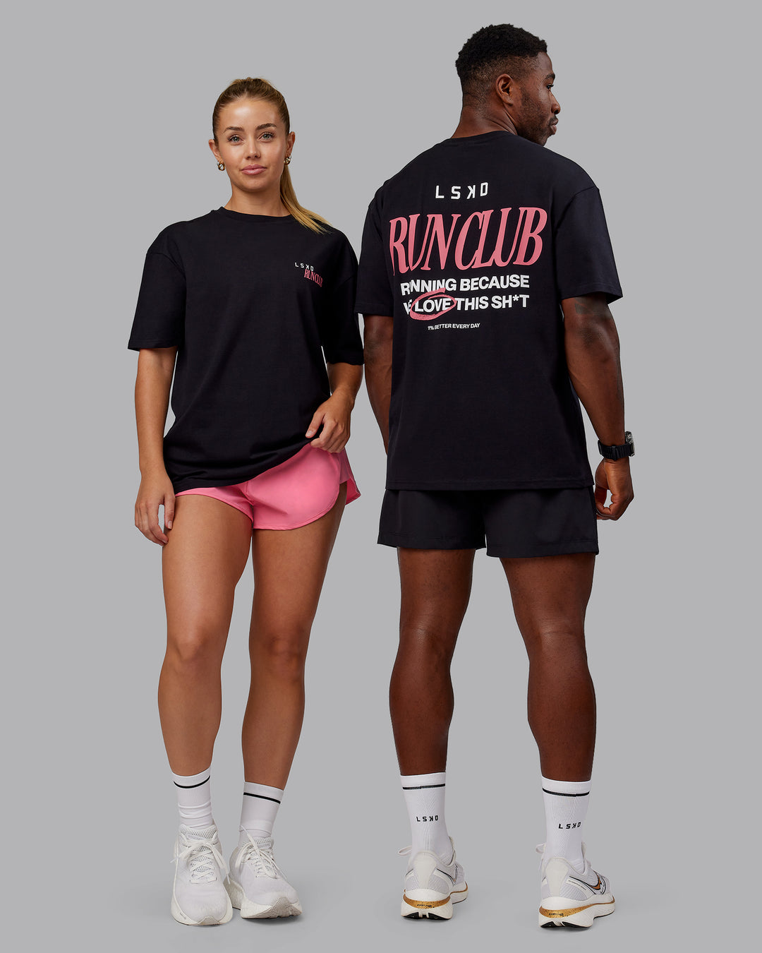 Duo wearing Run Love FLXCotton Oversized Tee - Black-Pink Lemonade | Model:Both | Size:Duo