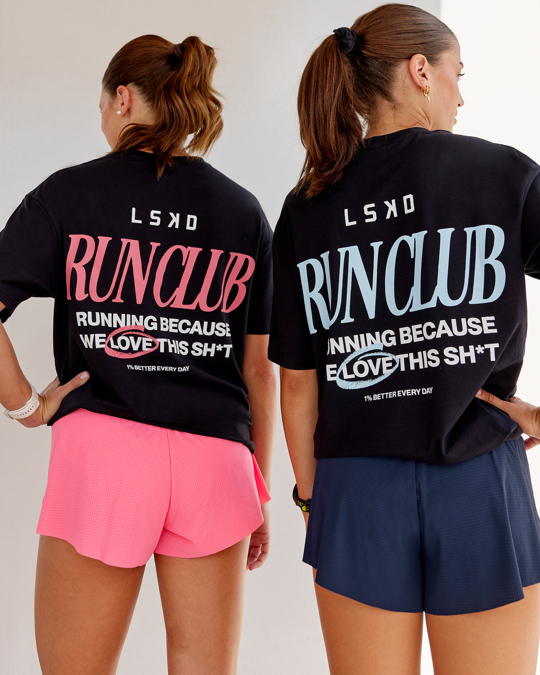 Duo wearing Run Club FLXCotton Oversized Tee - Black Pink-Lemonade | Model:Duo | Size:Duo