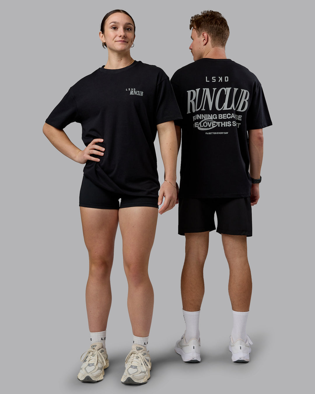 Duo wearing Run Love FLXCotton Oversized Tee - Black-Reflective | Model:Both | Size:Duo