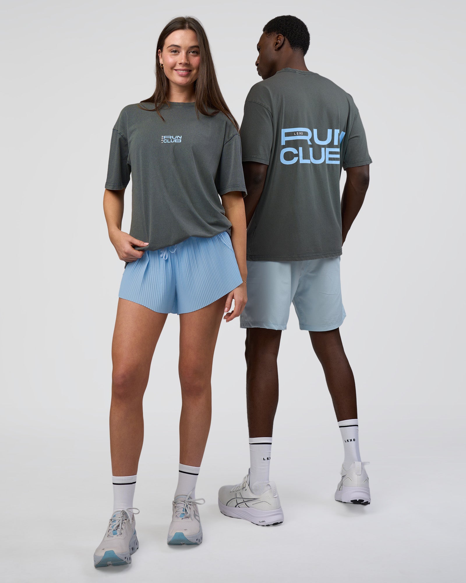 Duo wearing Runner's FLXCotton Oversized Tee - Dark Storm Washed-Open Air | Model:Both | Size:Duo