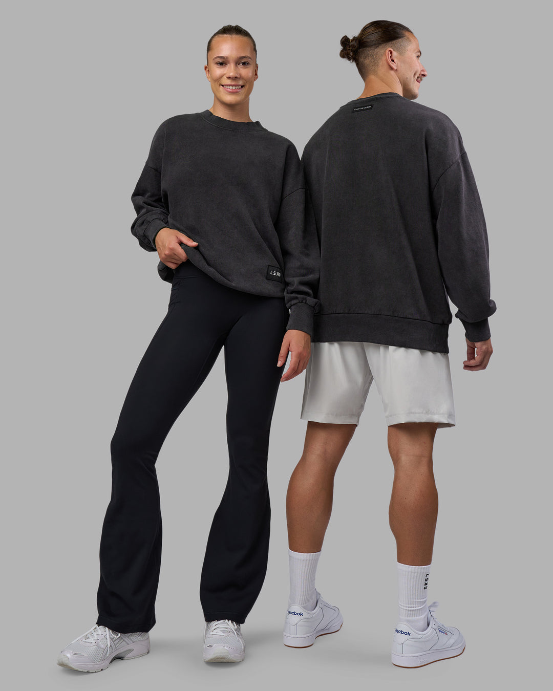 Duo wearing Segmented Oversized Sweater - Black Washed | Model:Both | Size:Duo