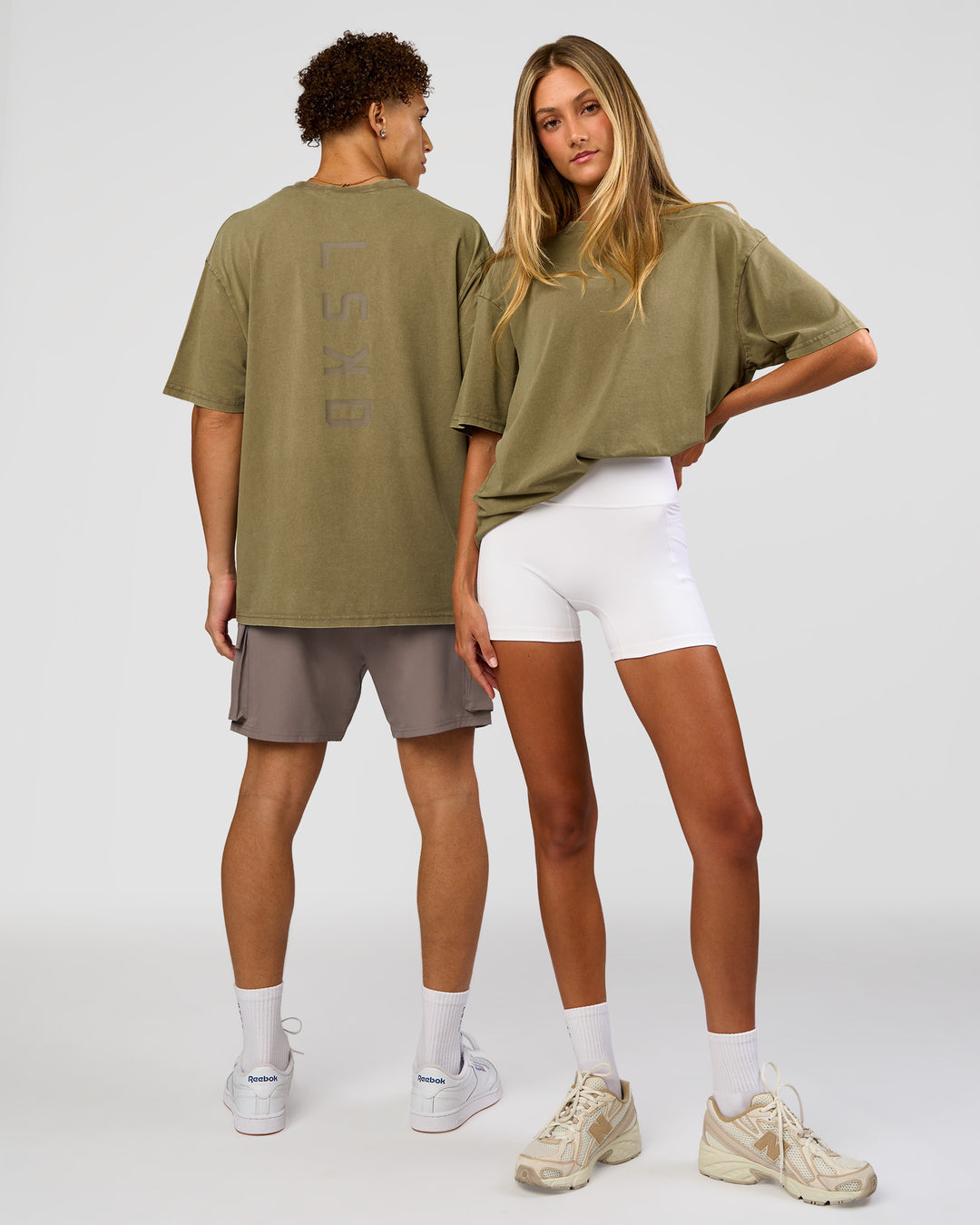 Duo wearing Shadow Mode FLXCotton Oversized Tee - Walnut Grey Washed | Model:Both | Size:Duo