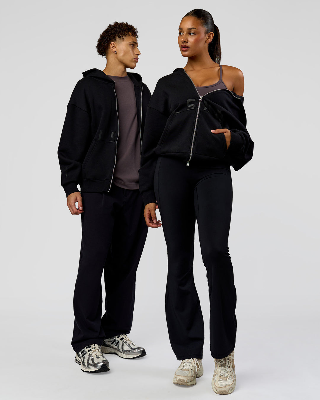 Duo wearing Shadow Mode Oversized Zip Through Hoodie - Black | Model:Both | Size:Duo