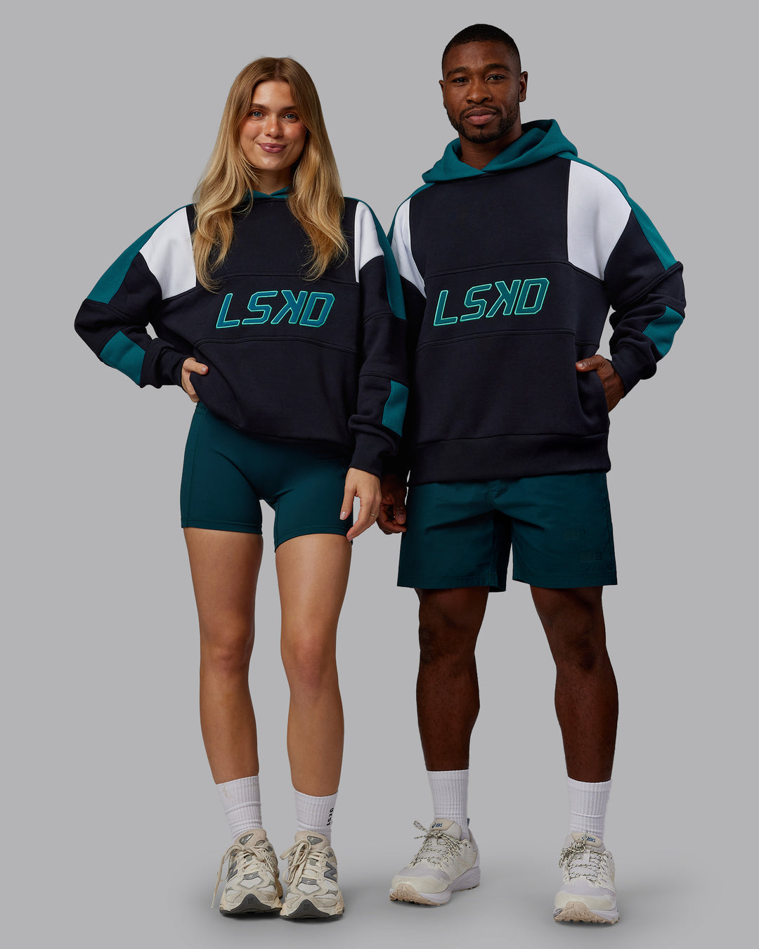 Duo wearing Slam Oversized Hoodie - Caviar-Blue Coral | Model:Both | Size:Duo
