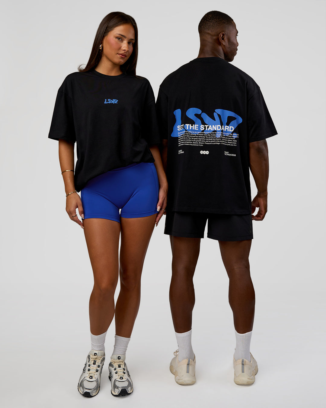 Duo wearing Standard Issue FLXCotton Oversized Tee - Black-Palace Blue | Model:Both | Size:Duo