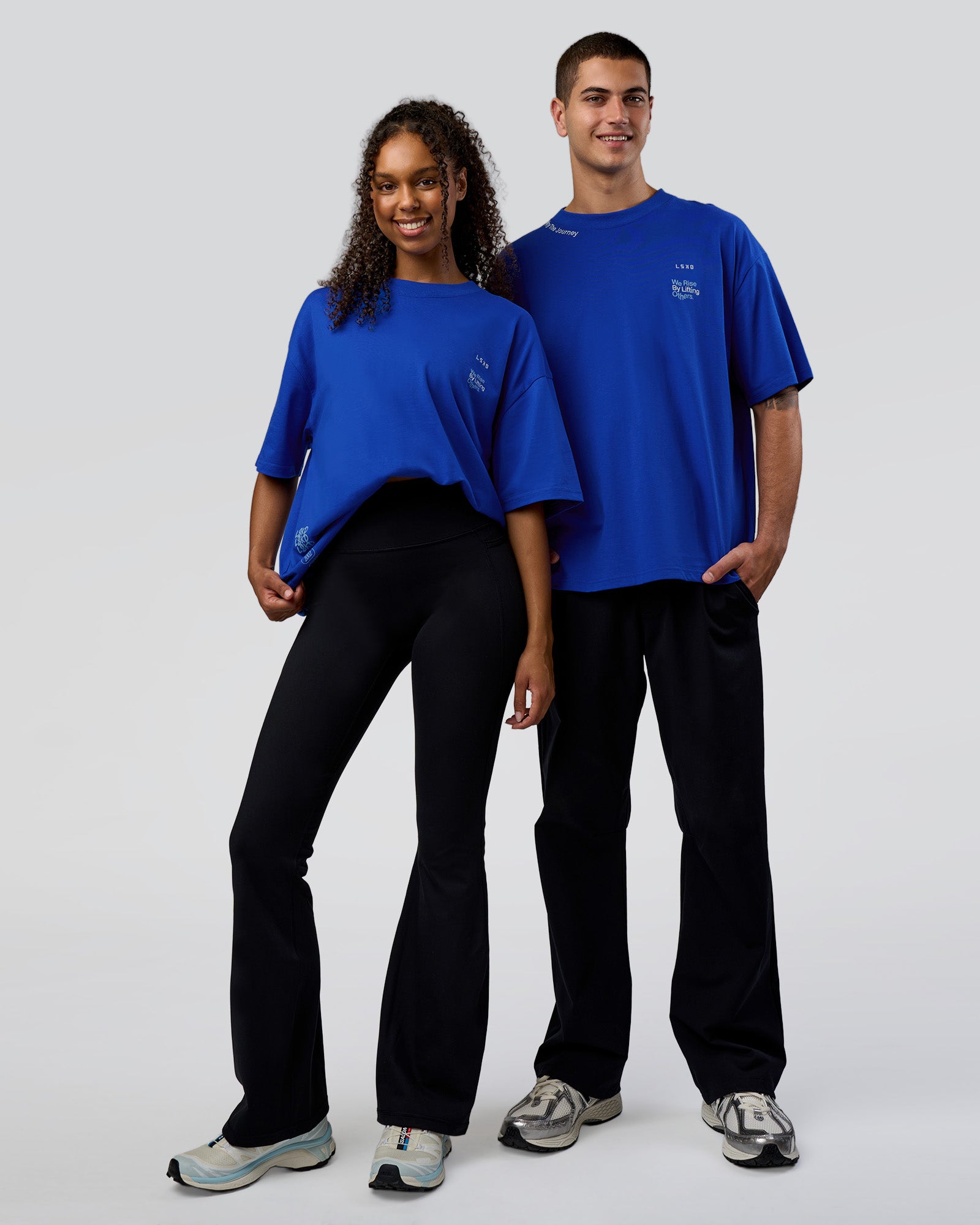 Duo wearing Sticker Heavyweight Oversized Tee - Electric Indigo-Baltic Sea | Model:Both | Size:Duo