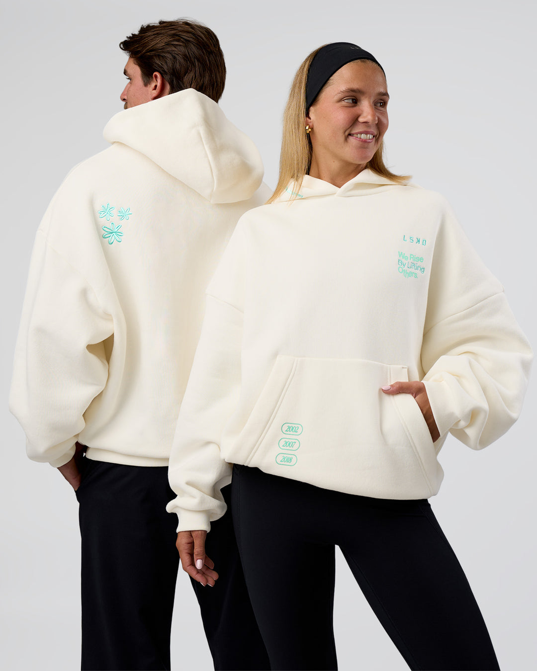 Duo wearing Sticker Unisex Oversized Hoodie - Off White-Jelly Mint | Model:Both | Size:Duo