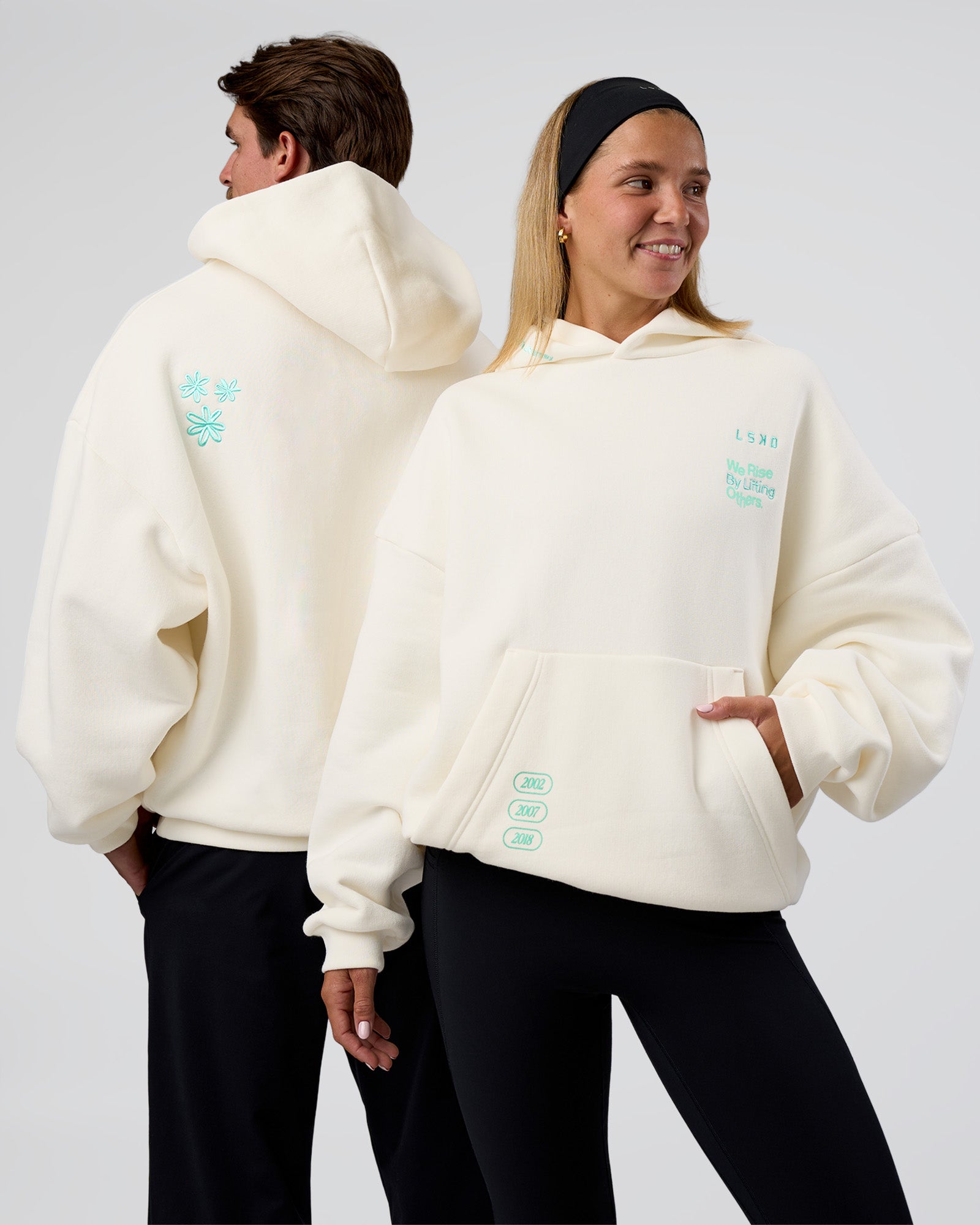 Duo wearing Sticker Unisex Oversized Hoodie - Off White-Jelly Mint | Model:Both | Size:Duo