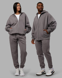 Duo wearing Stream Oversized Panel Zip Hoodie - Storm Front and Track Pant | Model:Both | Size:Duo