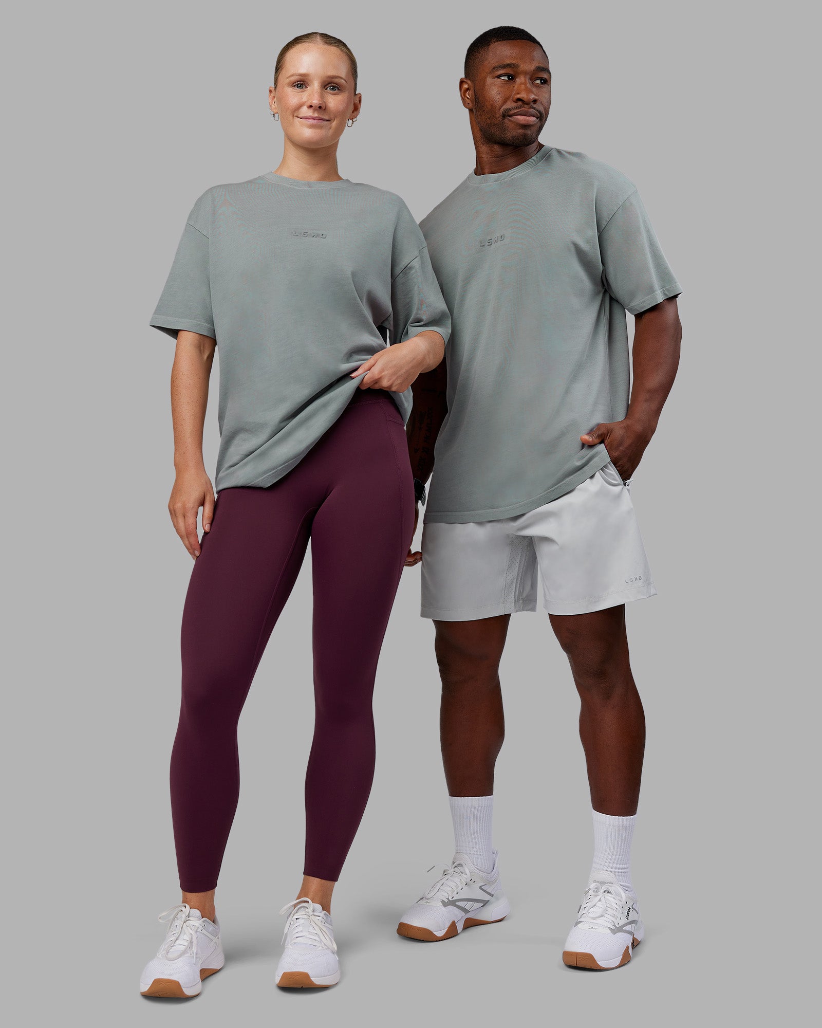 Duo wearing Stream Washed Heavyweight Oversized Tee - Washed Circular Grey | Model:Both | Size:Duo