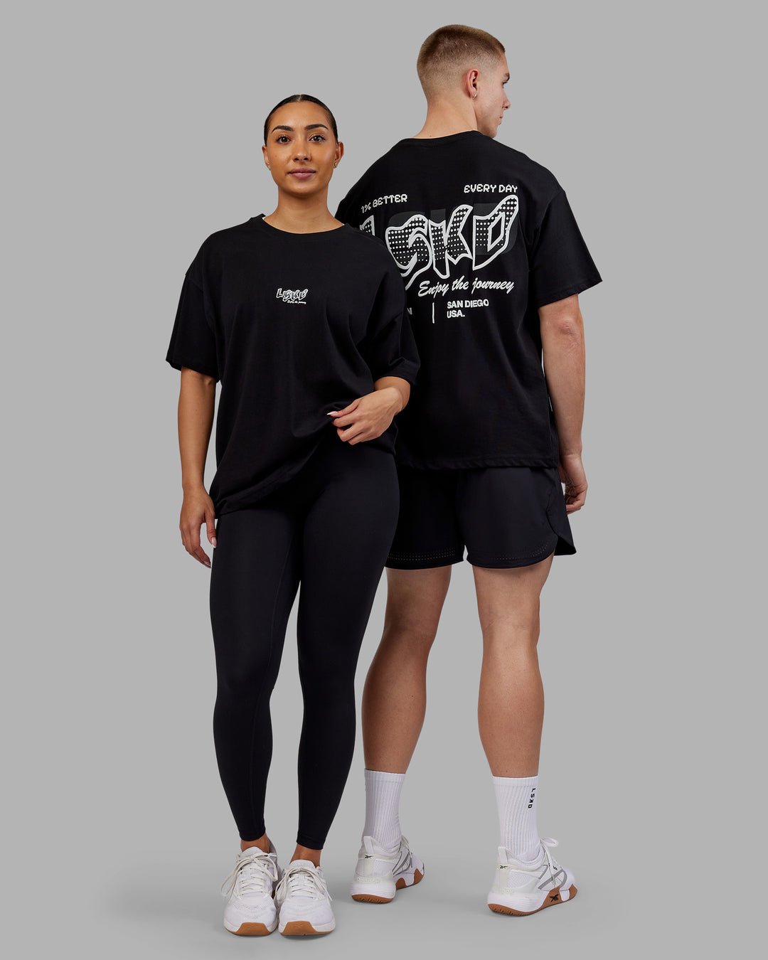 Duo wearing Time's Up Heavyweight Oversized Tee - Black-White | Model:Both | Size:Duo
