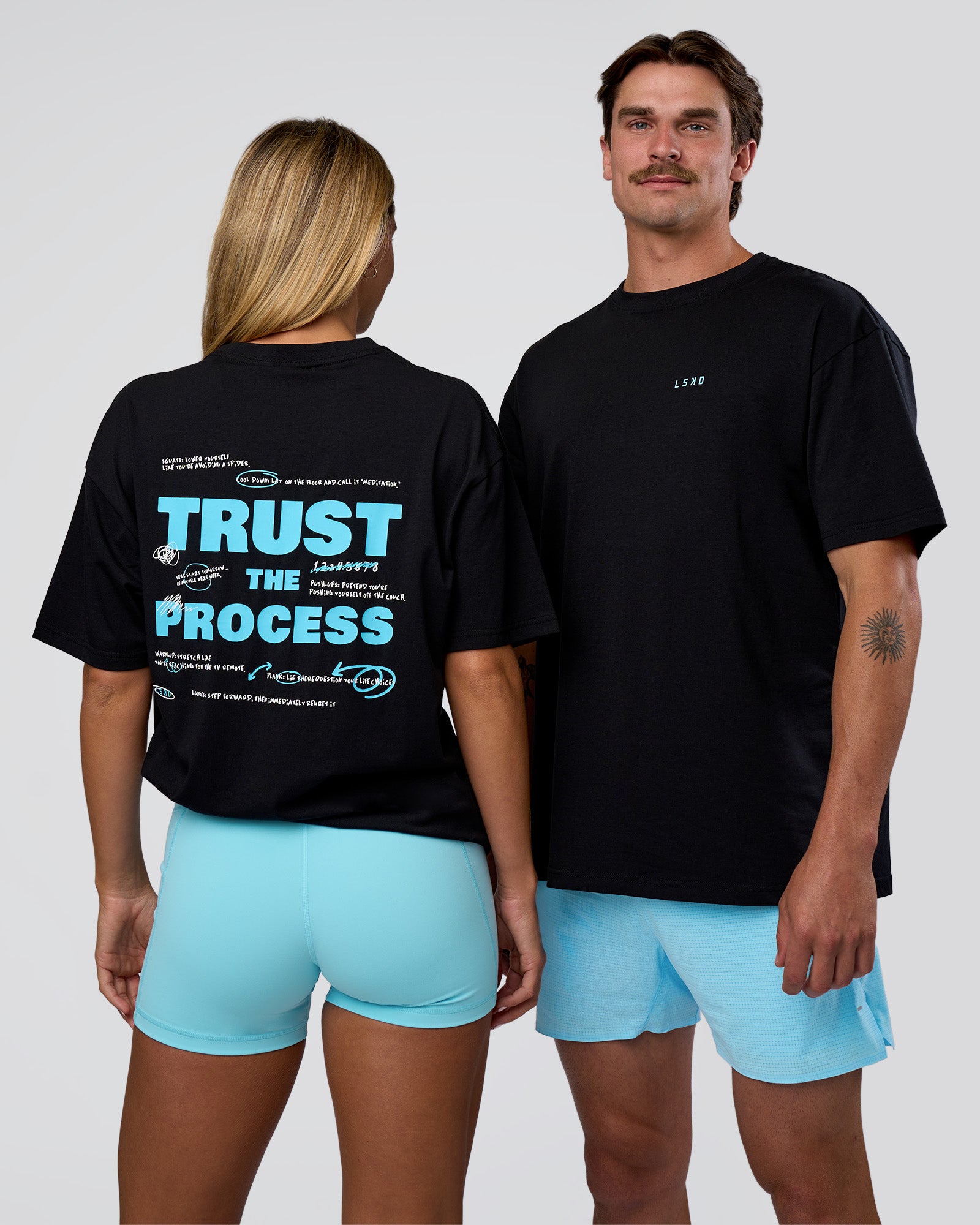 Duo wearing Unfit Club FLXCotton Oversized Tee - Black-White | Model:Both | Size:Duo