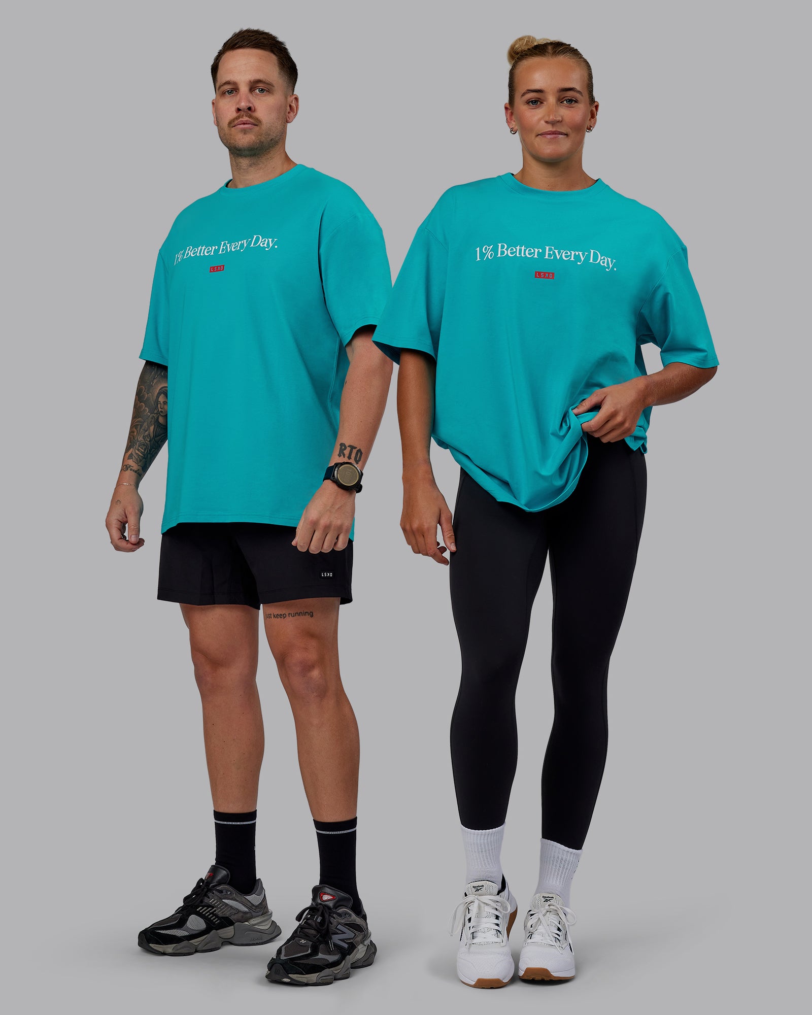 Duo wearing Unisex 1% Better FLXCotton Tee Oversize - Blue Bird-White