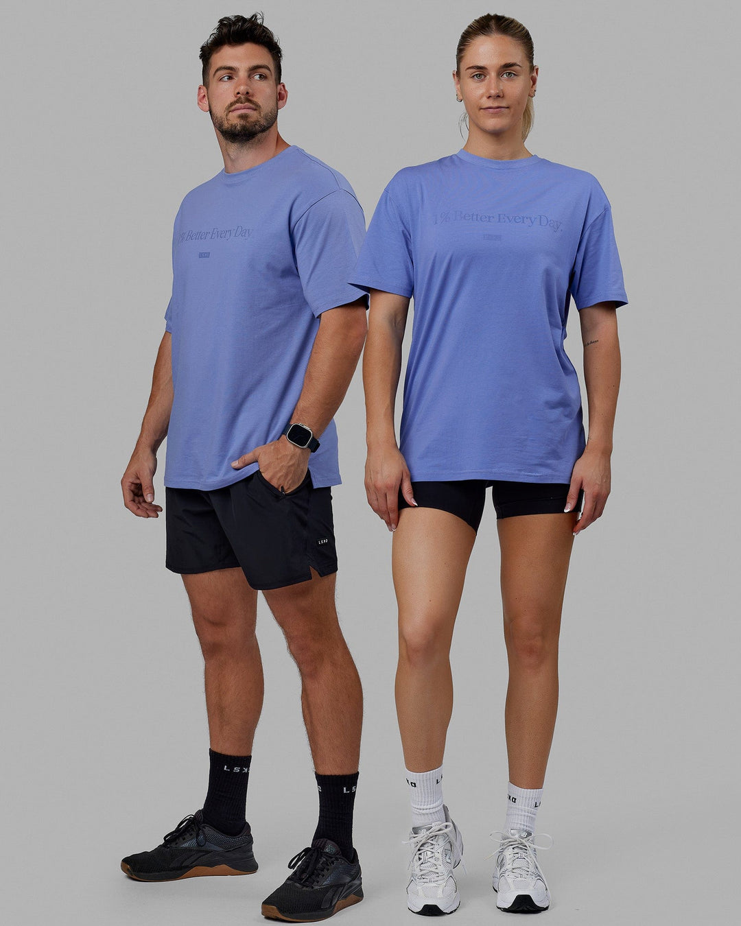 Duo wearing Unisex 1% Better FLXCotton Tee Oversize - Cornflower Blue