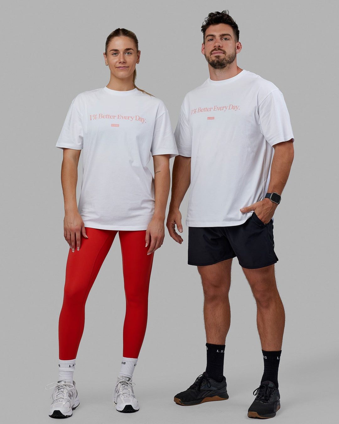 Duo wearing Unisex 1% Better FLXCotton Tee Oversize - White-Coral