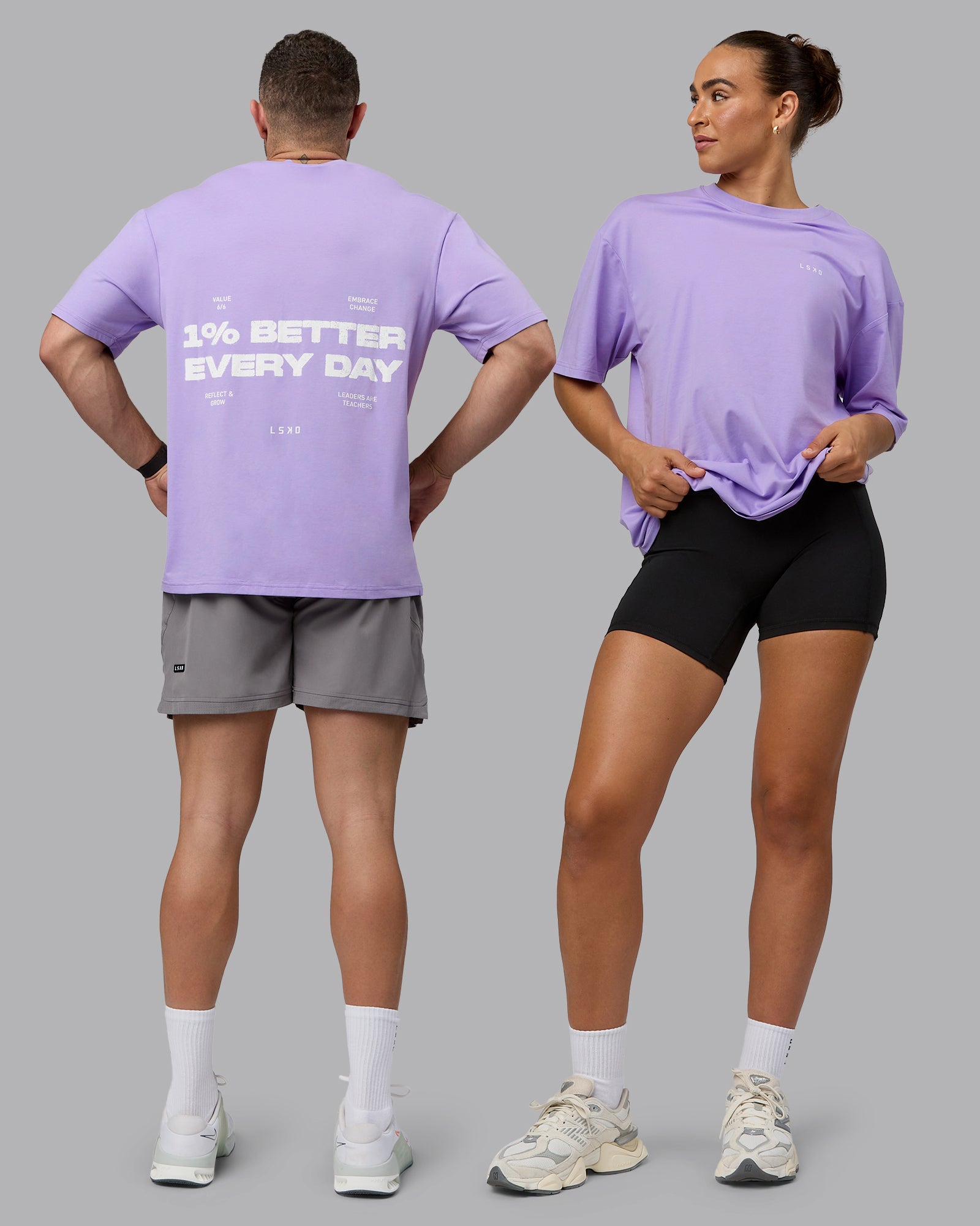 Duo wearing Unisex 1% Better Value Series FLXCotton Tee Oversize - Pale Lilac-White