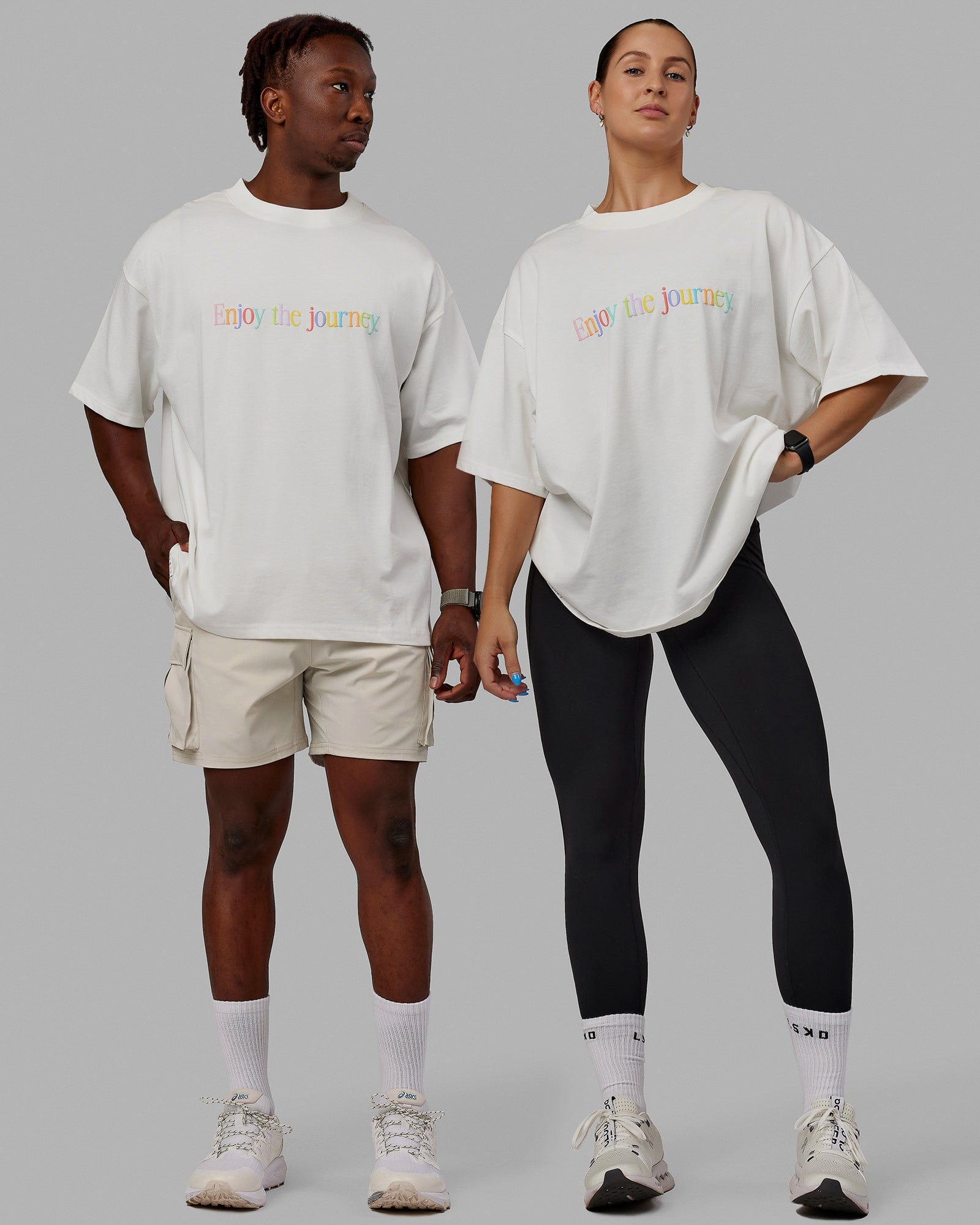 Duo wearing Unisex Enjoy The Journey Heavyweight Tee Oversize - Off White-Multi