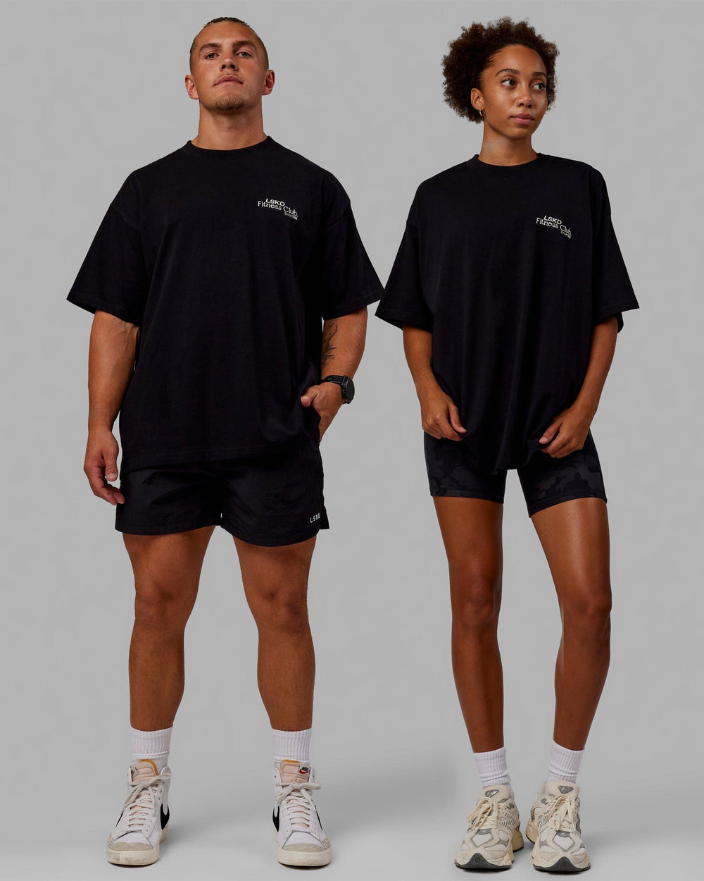 Duo wearing Unisex Fitness Club Heavyweight Tee Oversize - Black-Off White