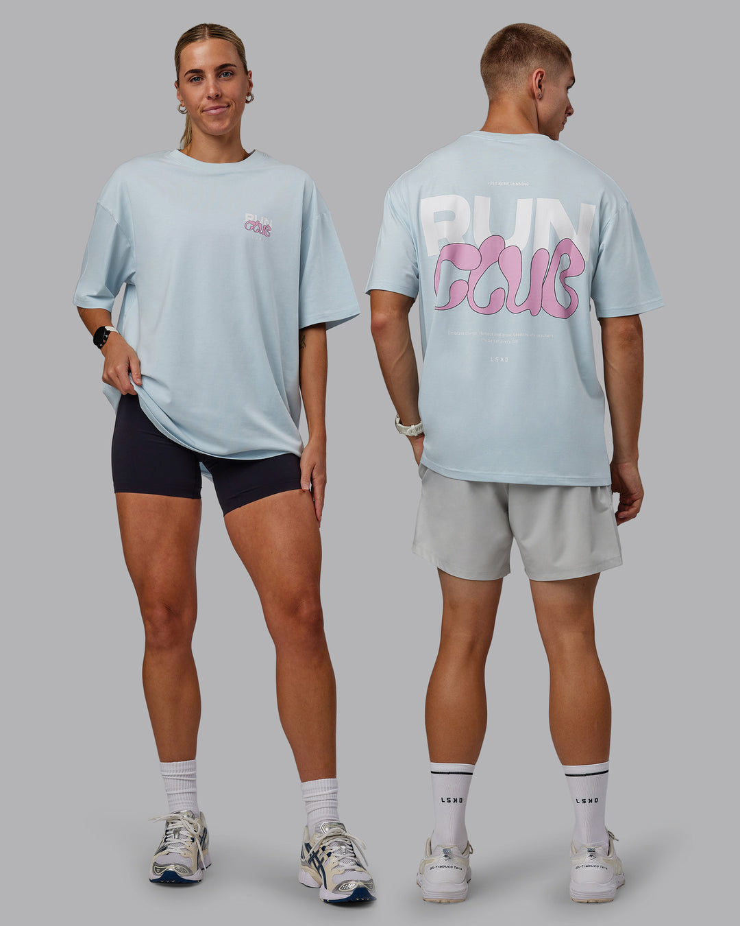 Duo wearing Unisex Gone Running FLXCotton Tee Oversize - Skyride-Bubblegum - view 1