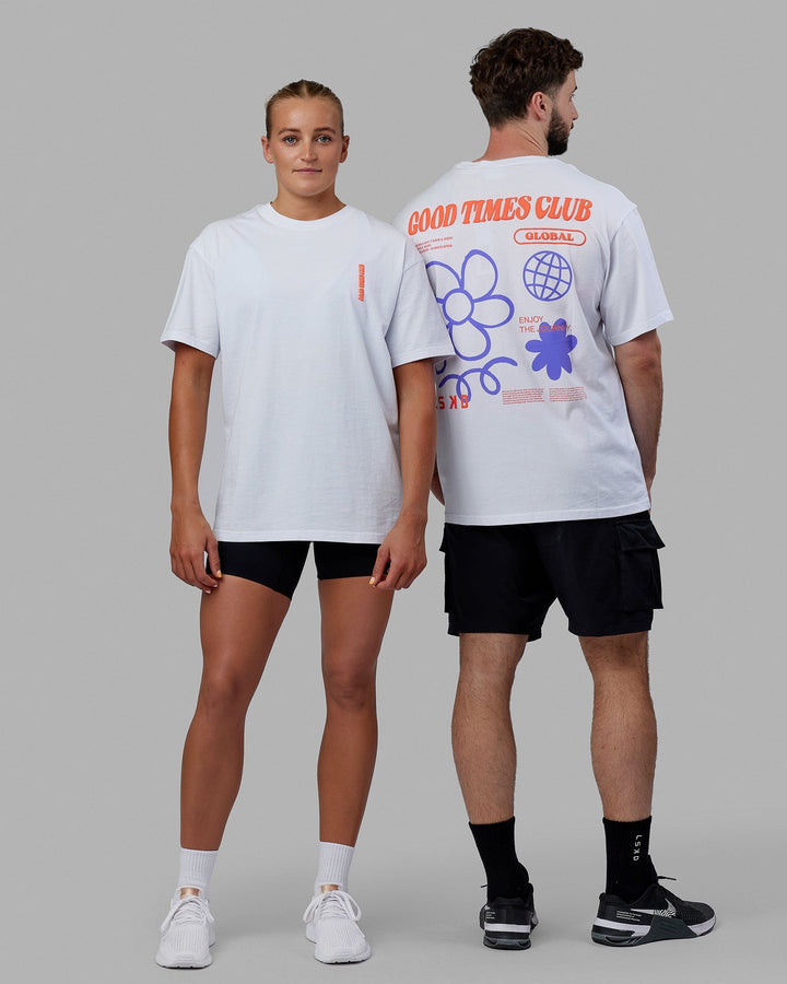 Duo wearing Unisex Good Times Global Heavyweight Tee Oversize - White-Red-Purple