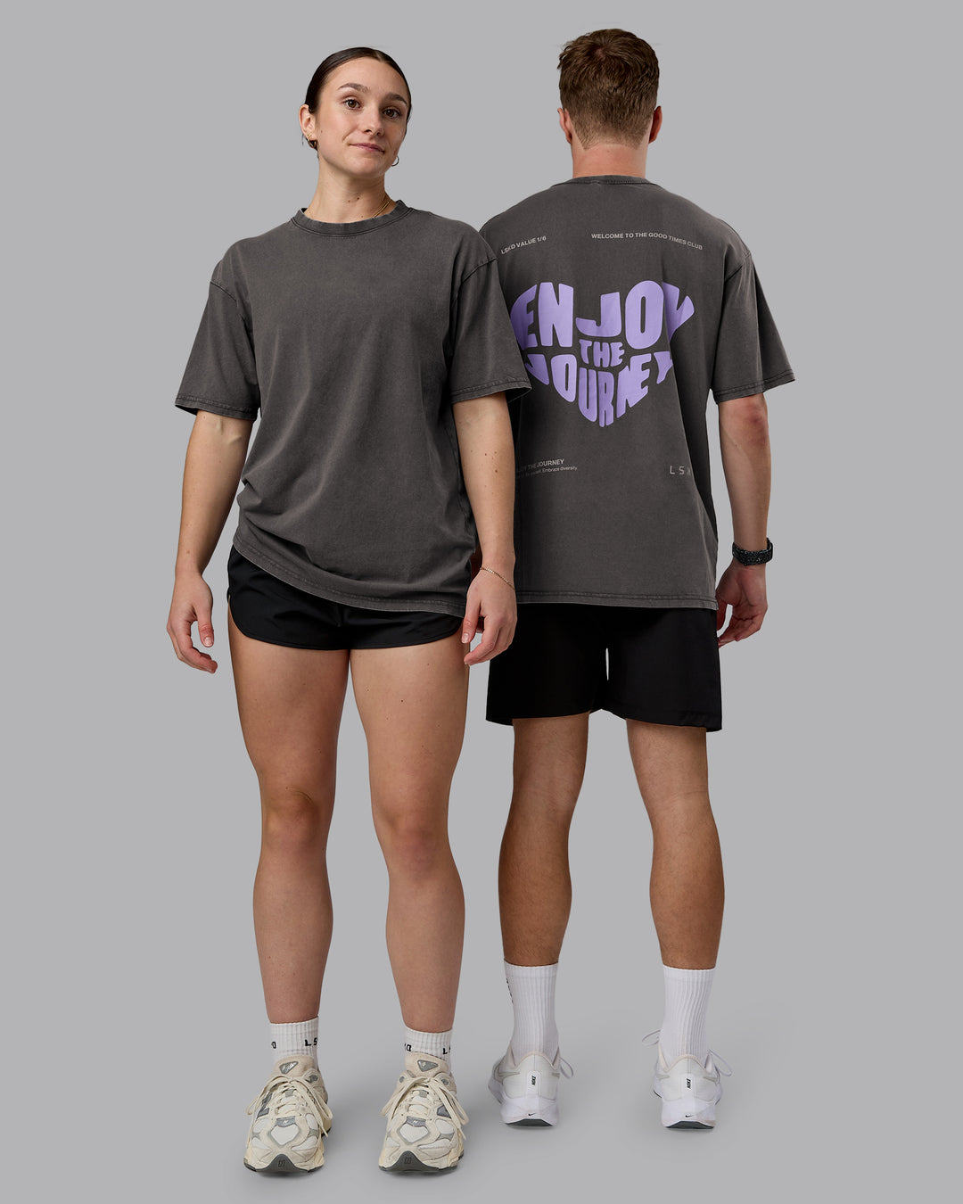 Duo wearing Heart FLXCotton Oversized Tee - Washed Dark Storm-Violet Ray | Model:Both | Size:Duo