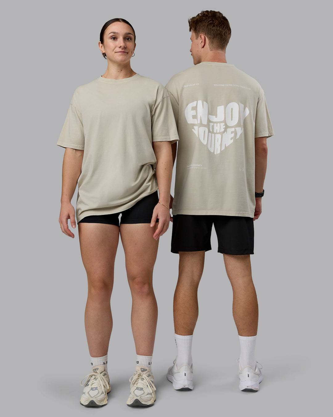 Duo wearing Heart FLXCotton Oversized Tee - Washed Shale Beige-White | Model:Both | Size:Duo