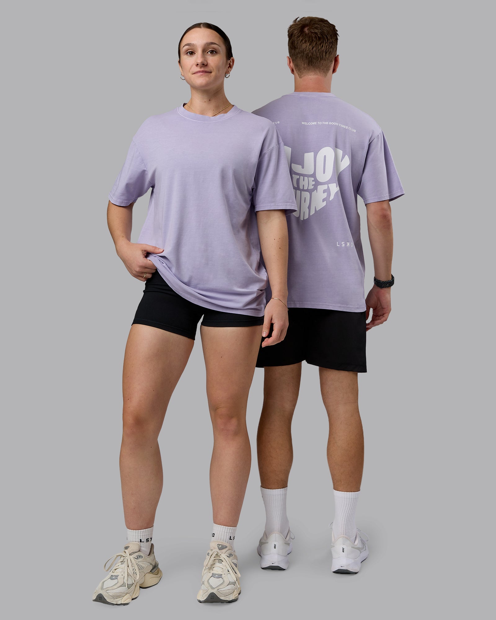 Duo wearing Heart FLXCotton Oversized Tee - Washed Violet Ray-White | Model:Both | Size:Duo