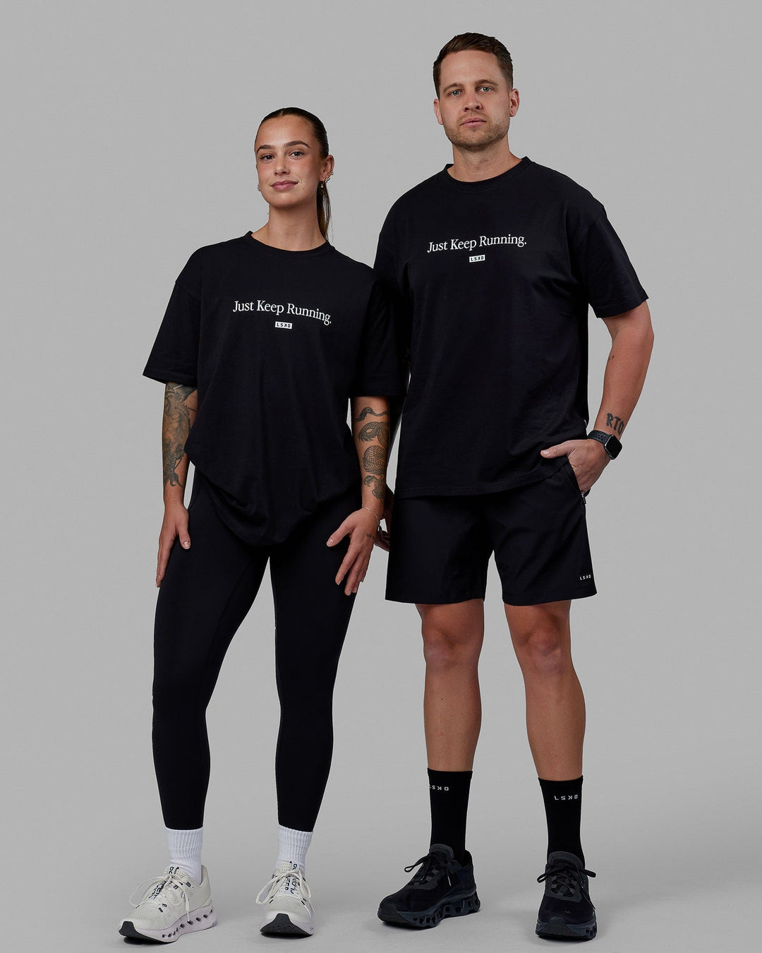 Duo wearing Unisex Just Keep Running FLXCotton Tee Oversize - Black-White