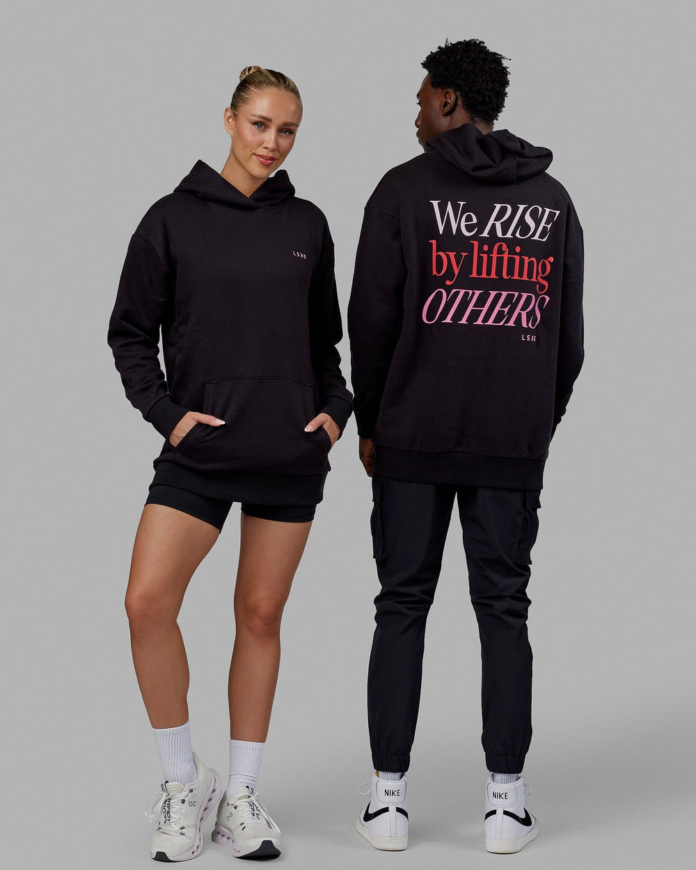 Duo wearing Unisex Lift-Up Hoodie Oversize - Black