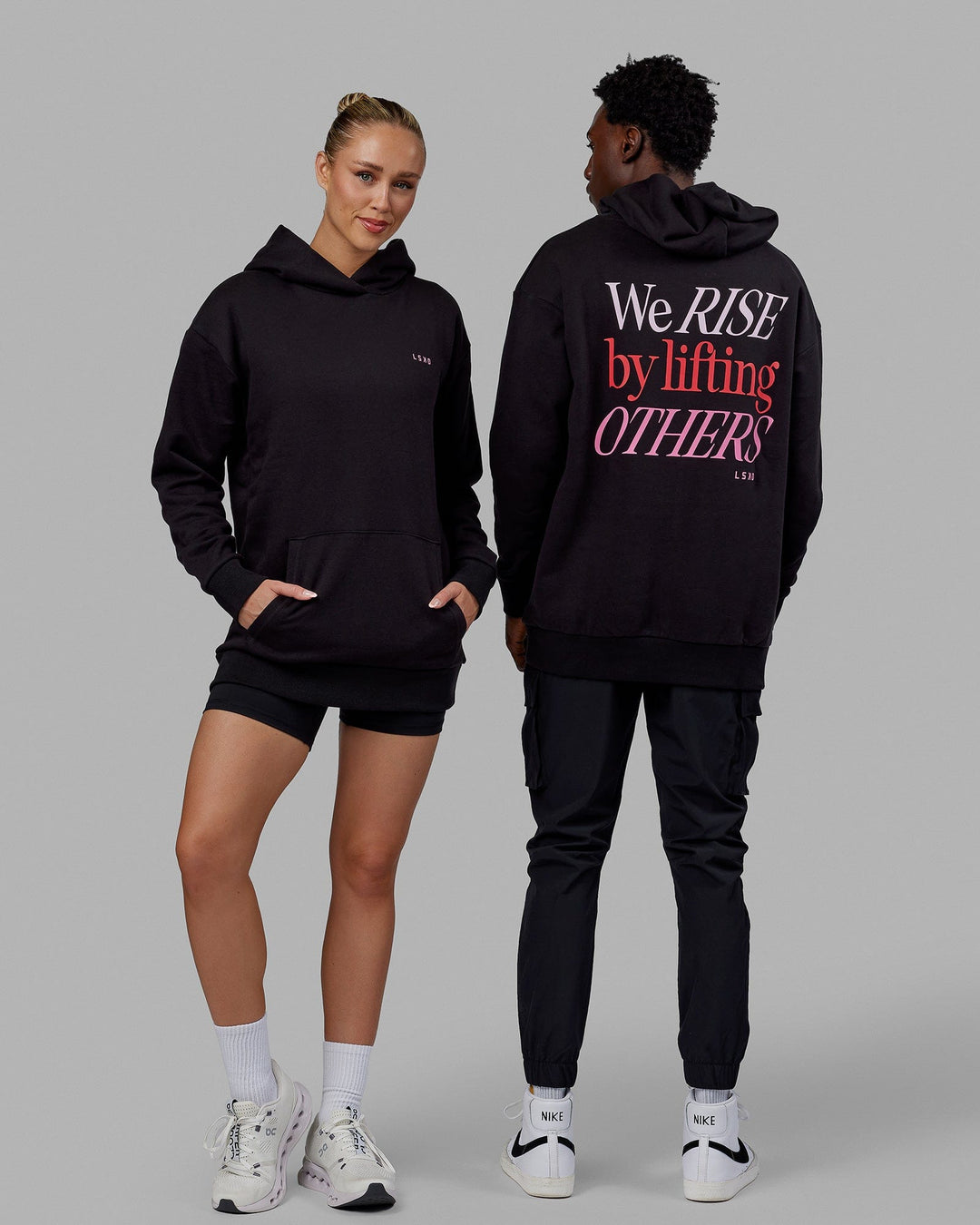 Duo wearing Unisex Lift-Up Hoodie Oversize - Black
